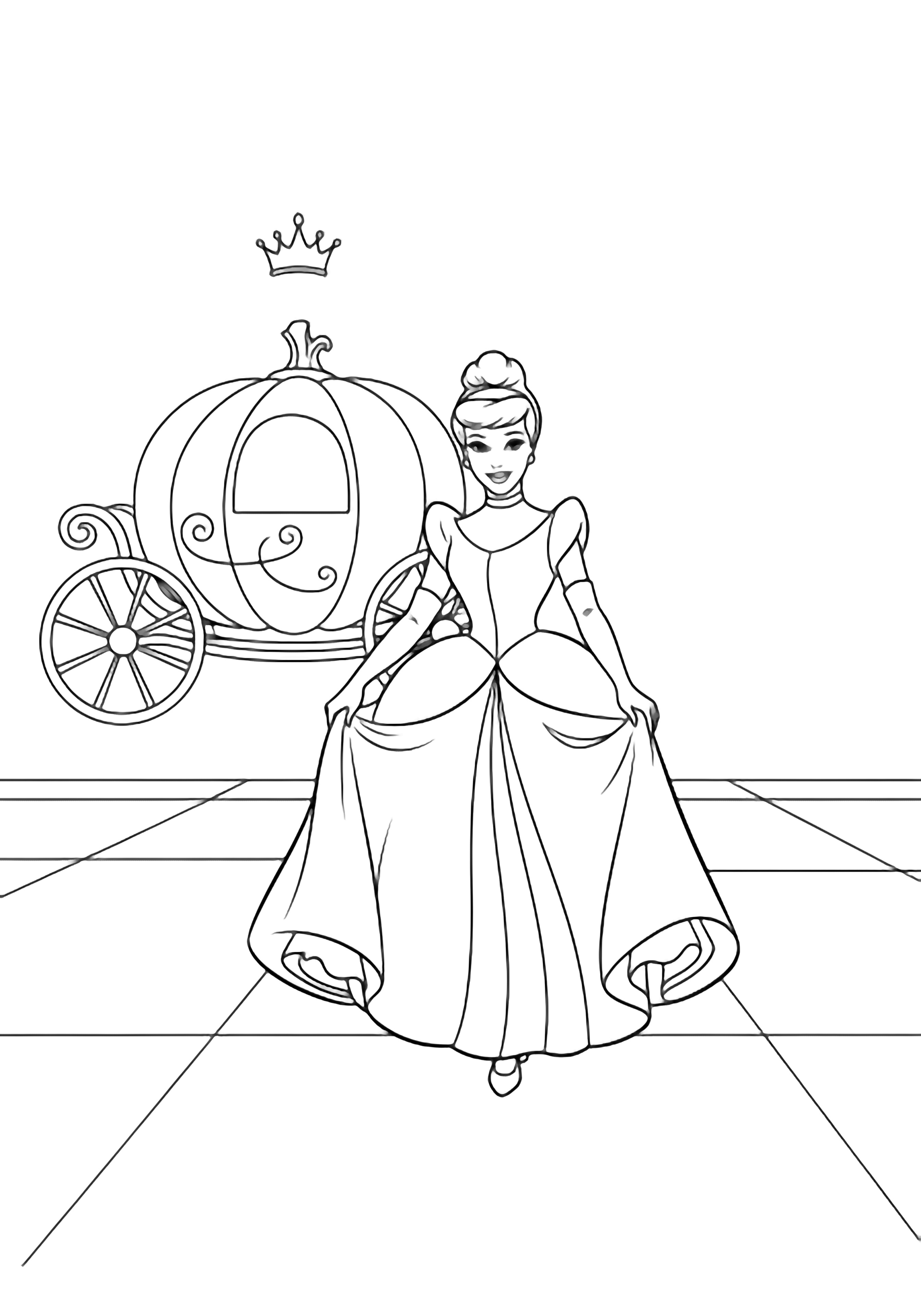 Cinderella smiles gently, gloved hands lifting her skirt; pumpkin coach sketched behind, simple tiles underfoot, a single swirl crown above. kleurplaat
