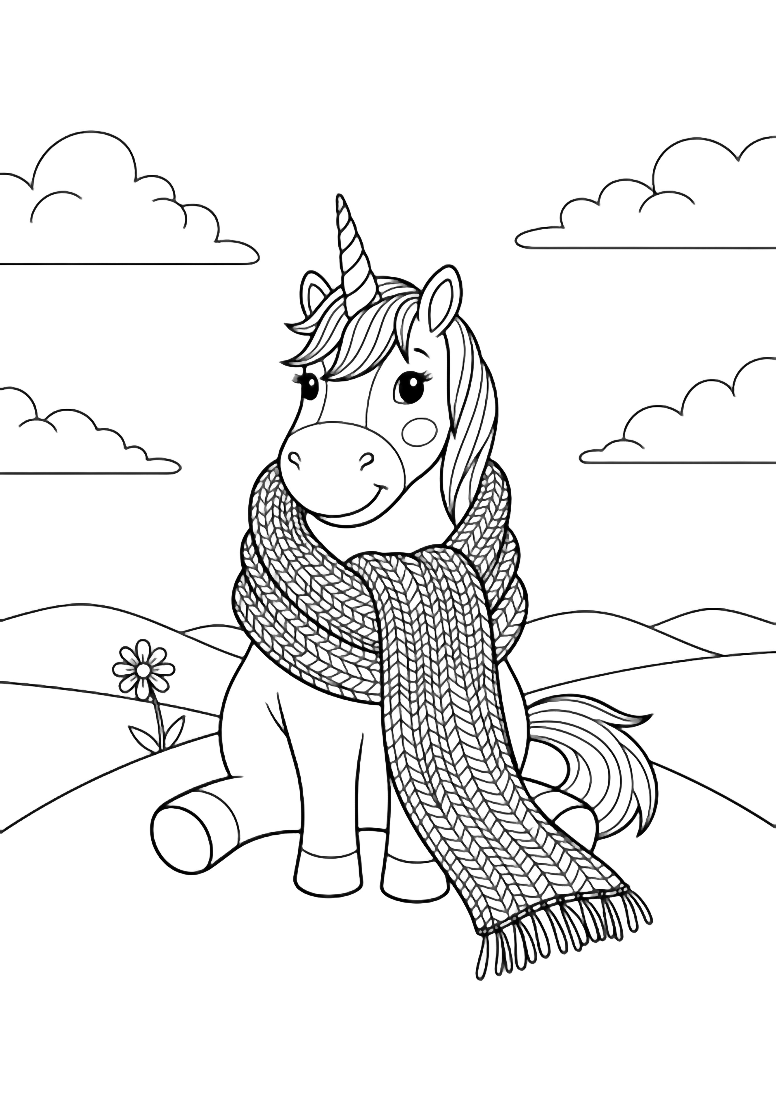 A smiling unicorn wearing an oversized knitted scarf sits on a curved hill, clouds above, tiny flower nearby, distant rolling hills beyond. kleurplaat