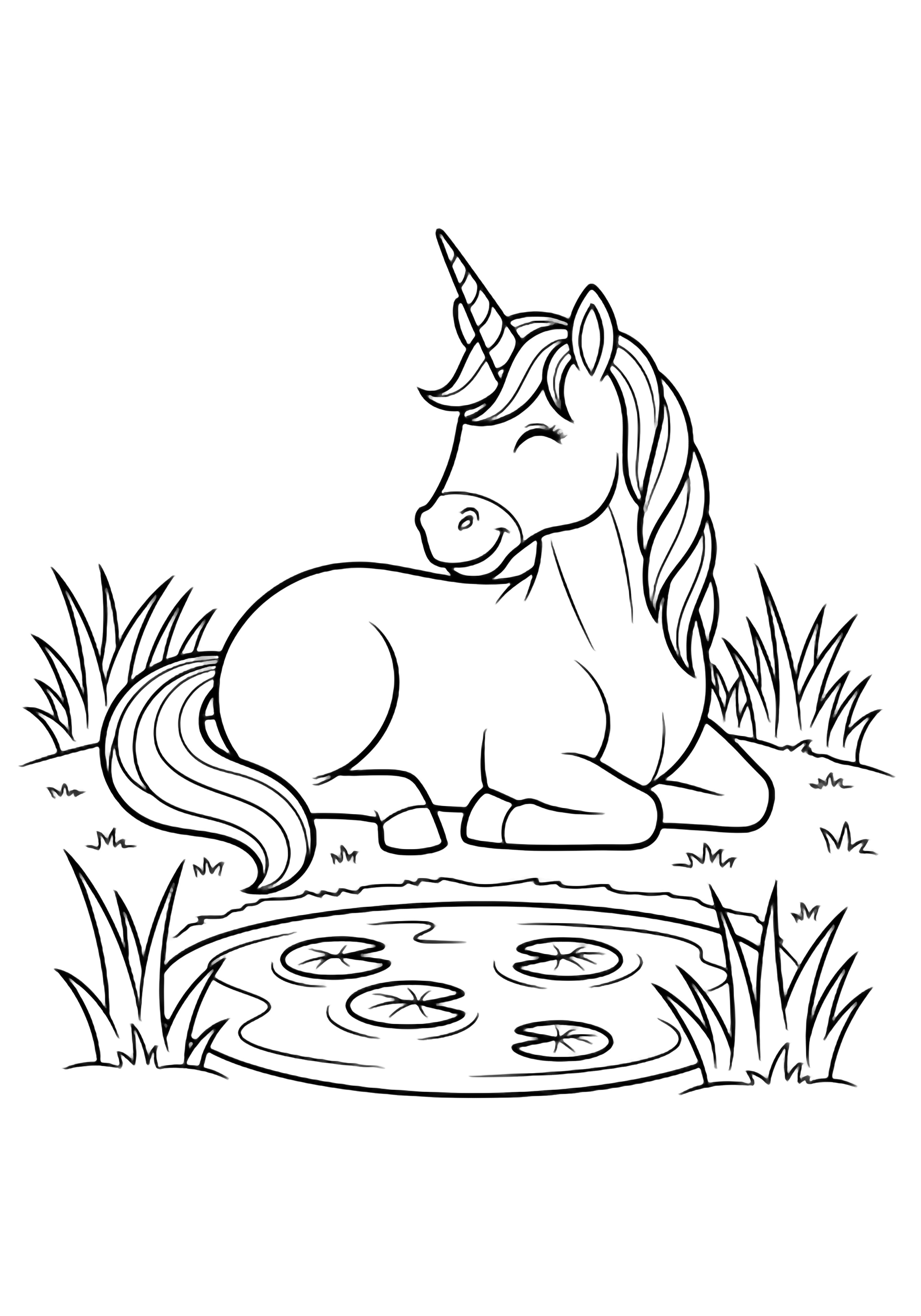 A smiling unicorn relaxes beside a pond, drifting leaves on the water, gentle grass tufts around. kleurplaat