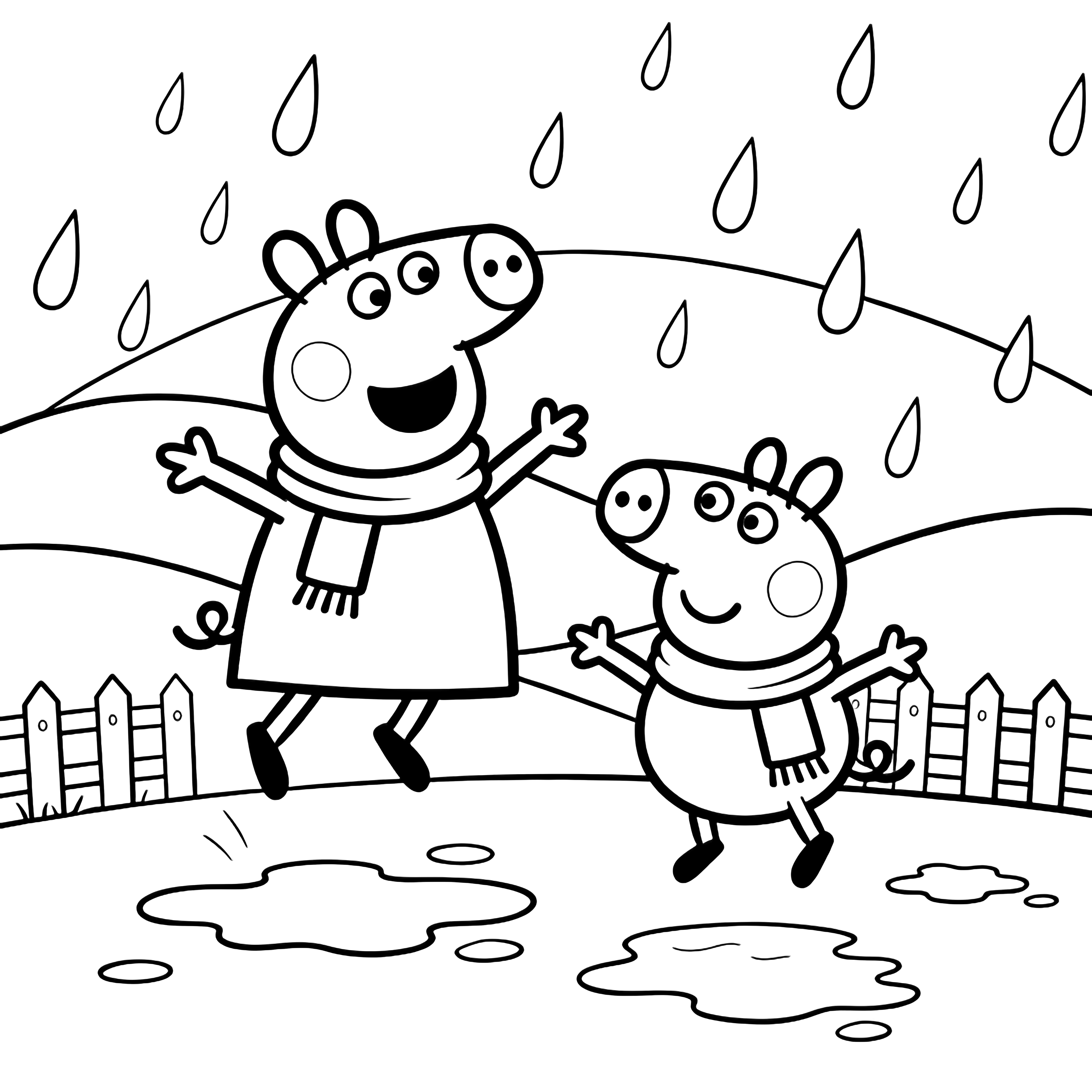 Peppa and George Pig in scarves joyfully leap with arms wide amid raindrops, puddles, rolling hills and a fence. kleurplaat