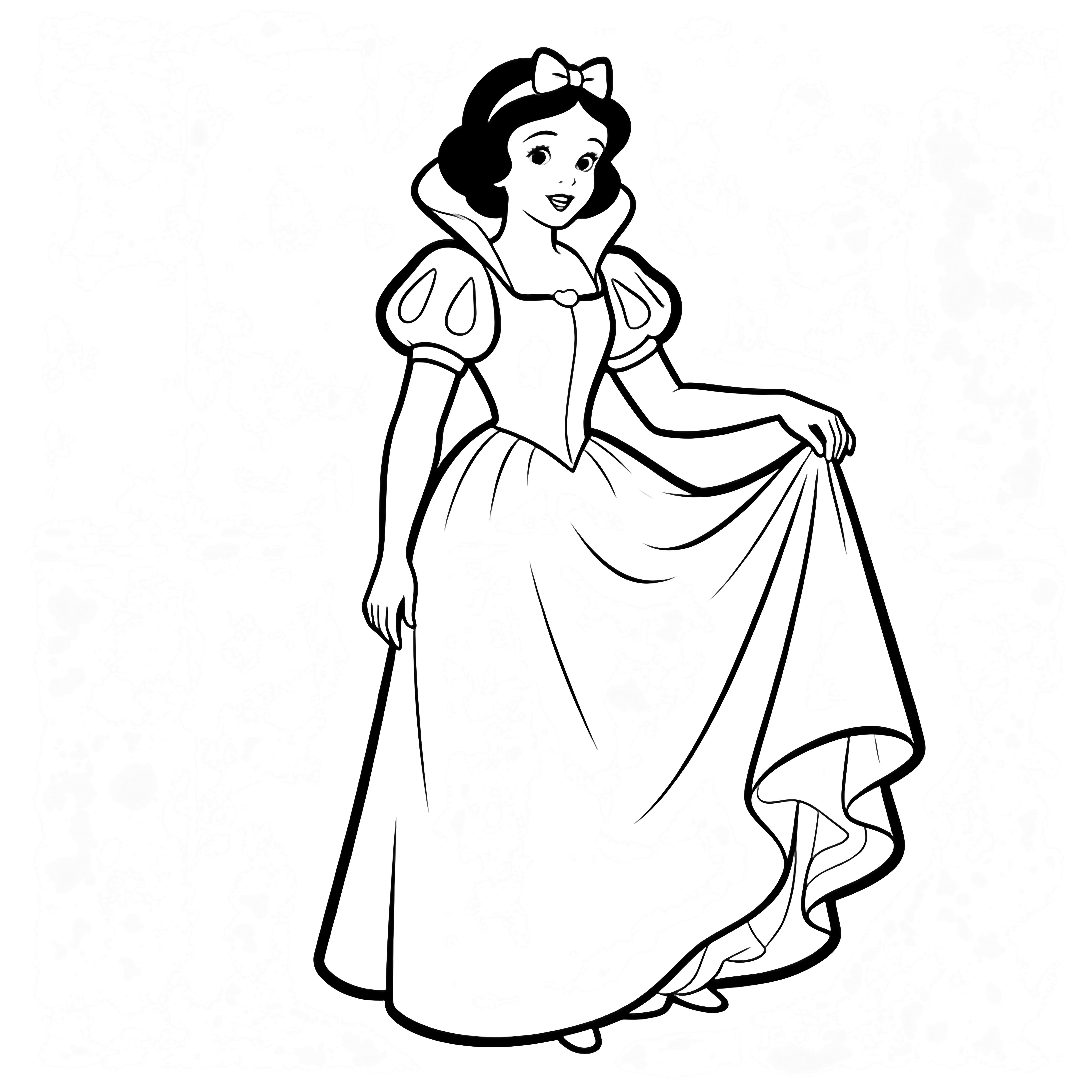 Snow White lifts her long dress hem, hair bow and collar outlined, skirt flowing, no background. kleurplaat