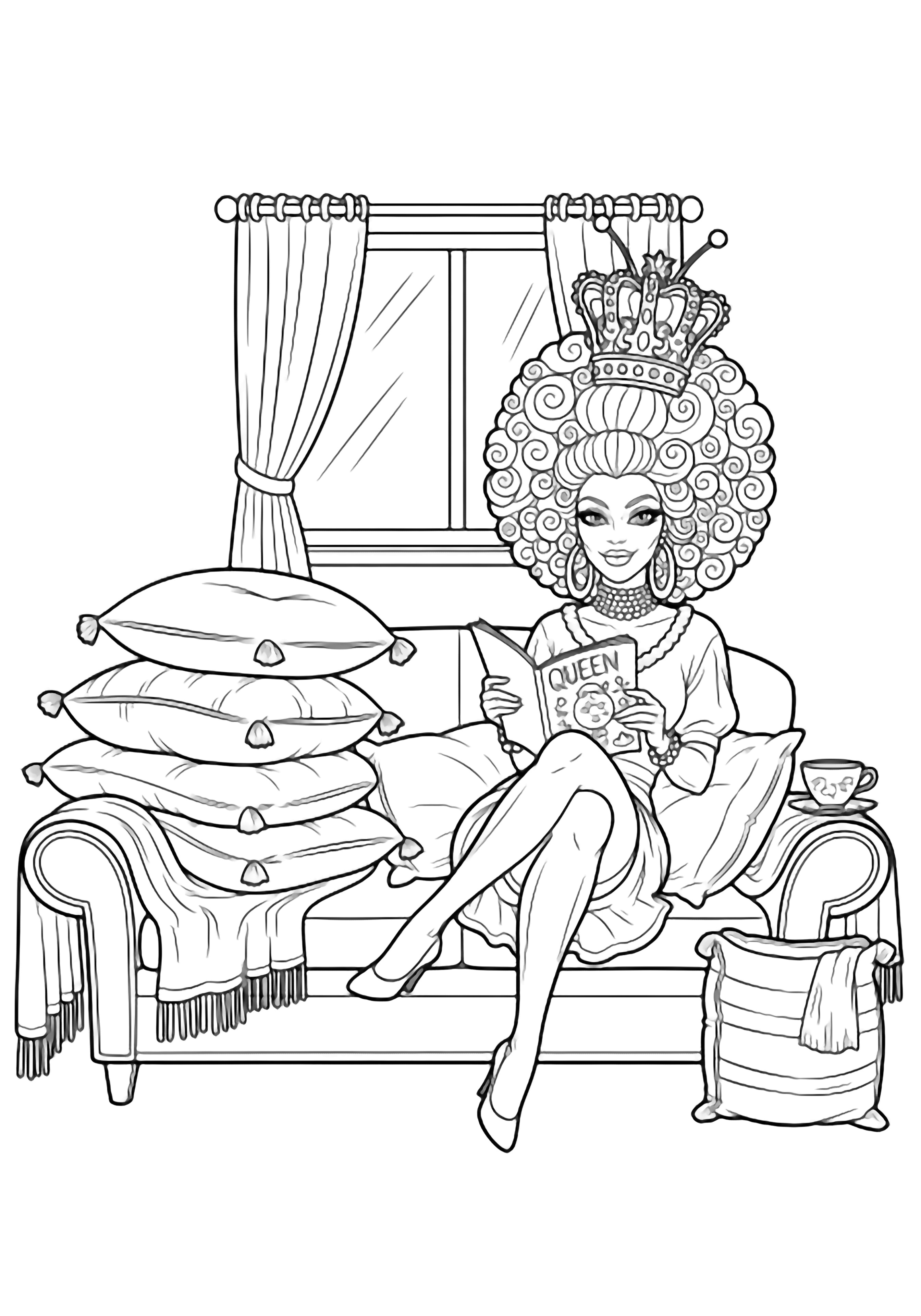 Queen Bee with voluminous hair and crown reclines on sofa, legs crossed, reading magazine; pillows, blankets, teacup on side table, curtained window behind. kleurplaat