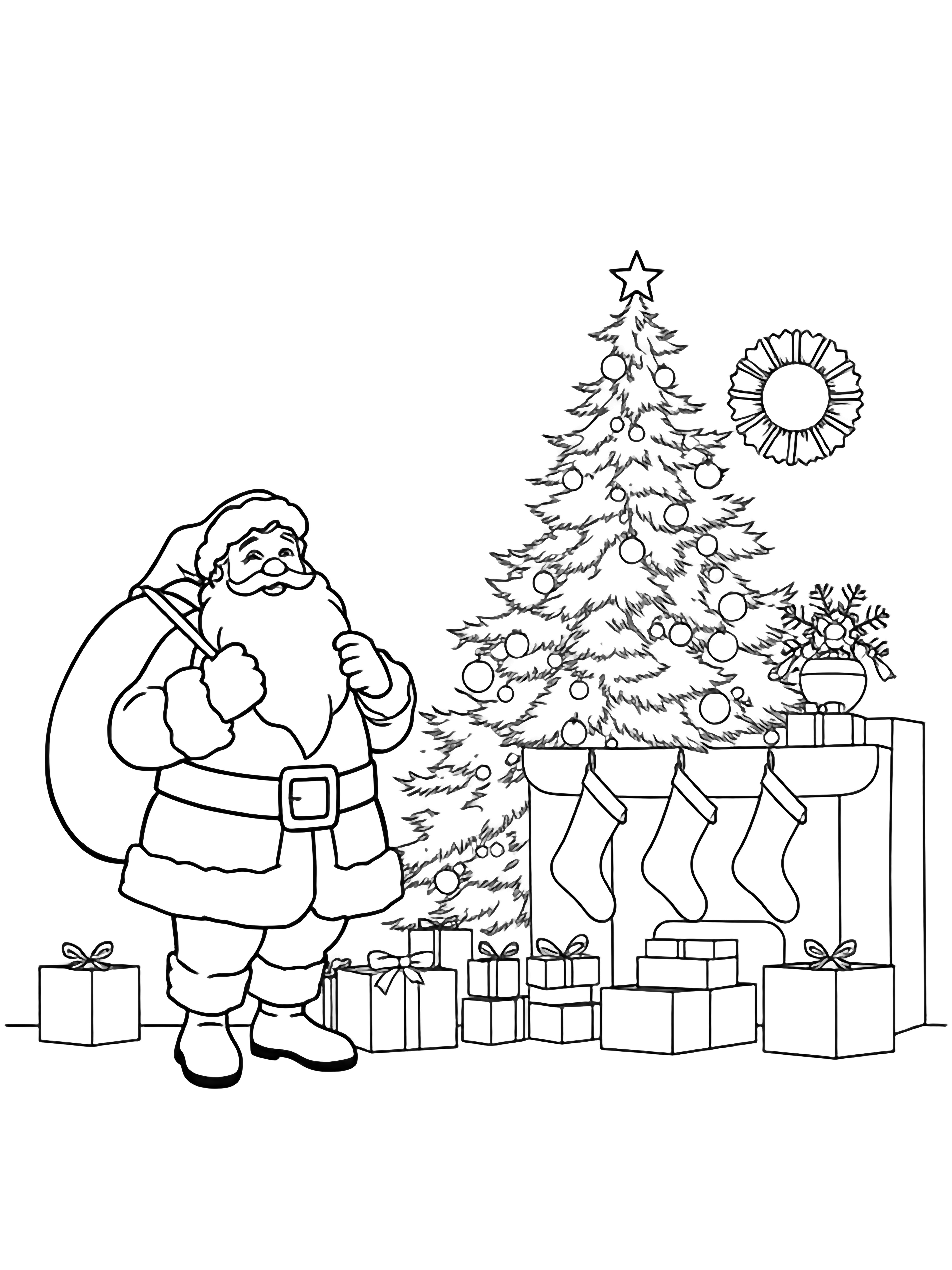 illustration on a Santa stands smiling sack slung over shoulder beside a towering tree; empty circle and star ornaments dangle stacked empty gift boxes scatter simple stockings line a plain mantel snowflake border frames the scene all in bold clean white friendly outlines clean black kleurplaat