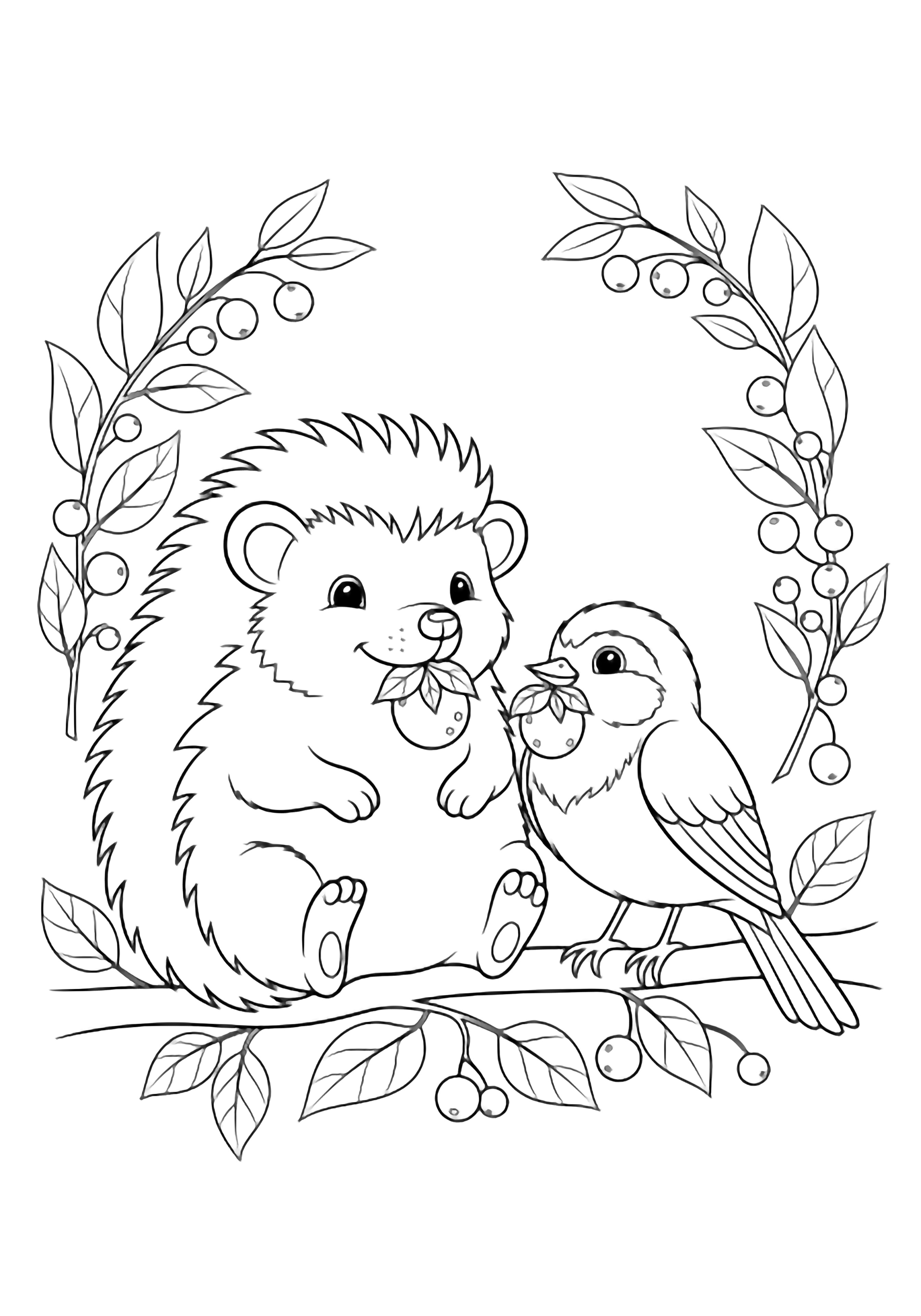 A smiling hedgehog and a little bird share a plump berry on a leafy branch, surrounded by simple leaves and tiny berries. kleurplaat