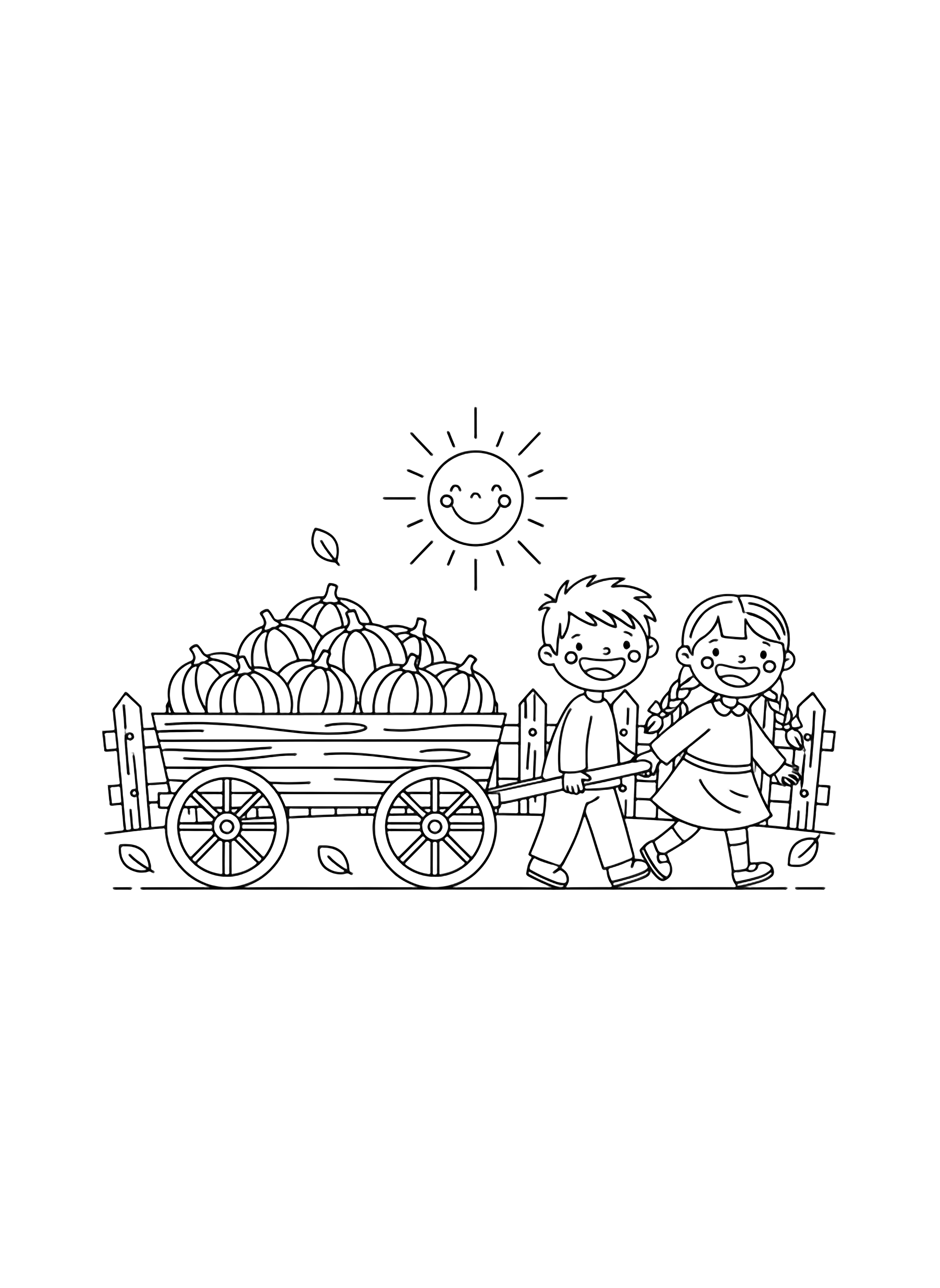 Two happy children haul a wagon full of pumpkins past a picket fence, drifting leaves and a smiling sun above. kleurplaat