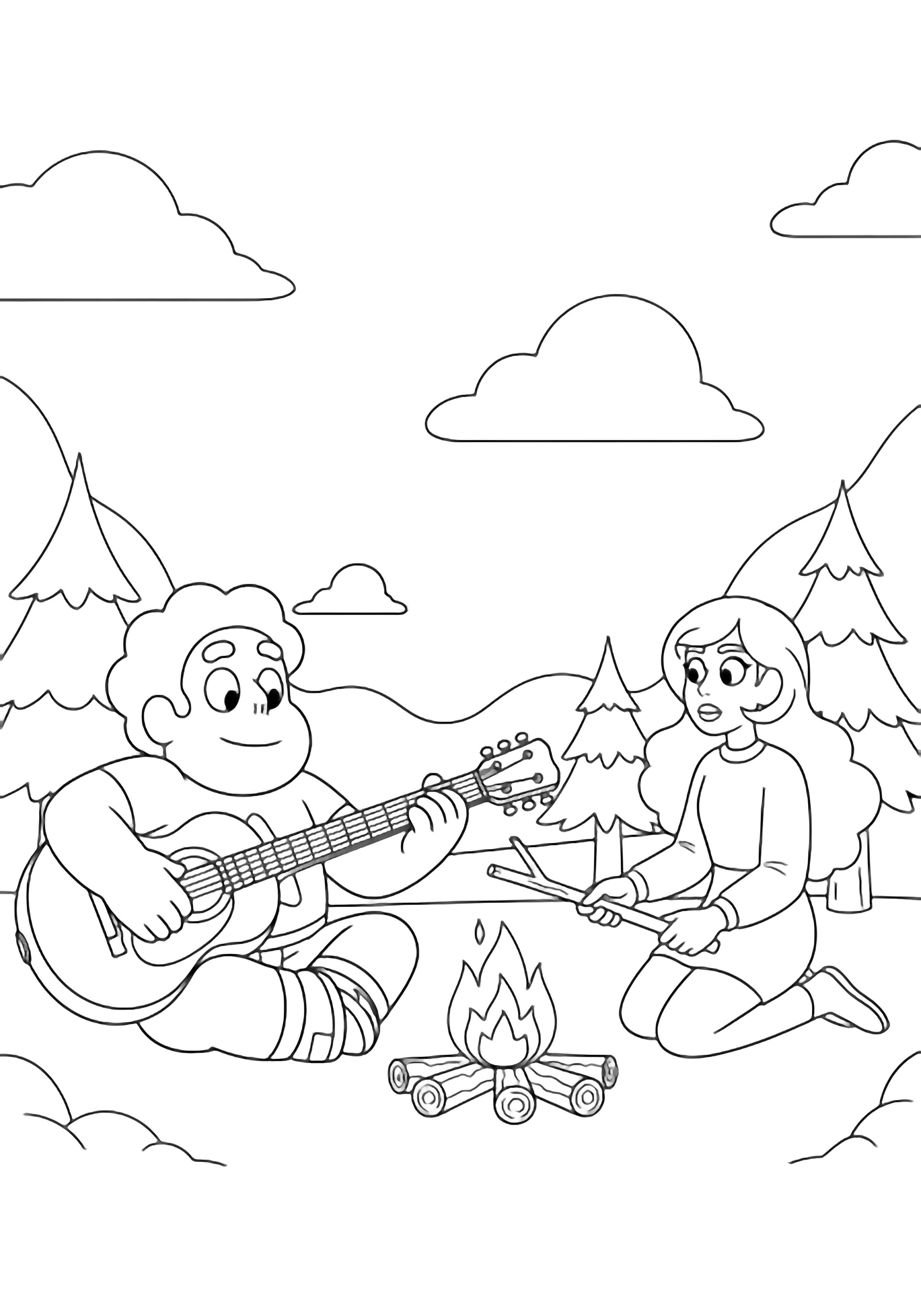 Steven sits cross-legged strumming a round guitar; Connie kneels nearby holding a stick over a small campfire with three logs; simple pine trees and clouds frame the scene. kleurplaat
