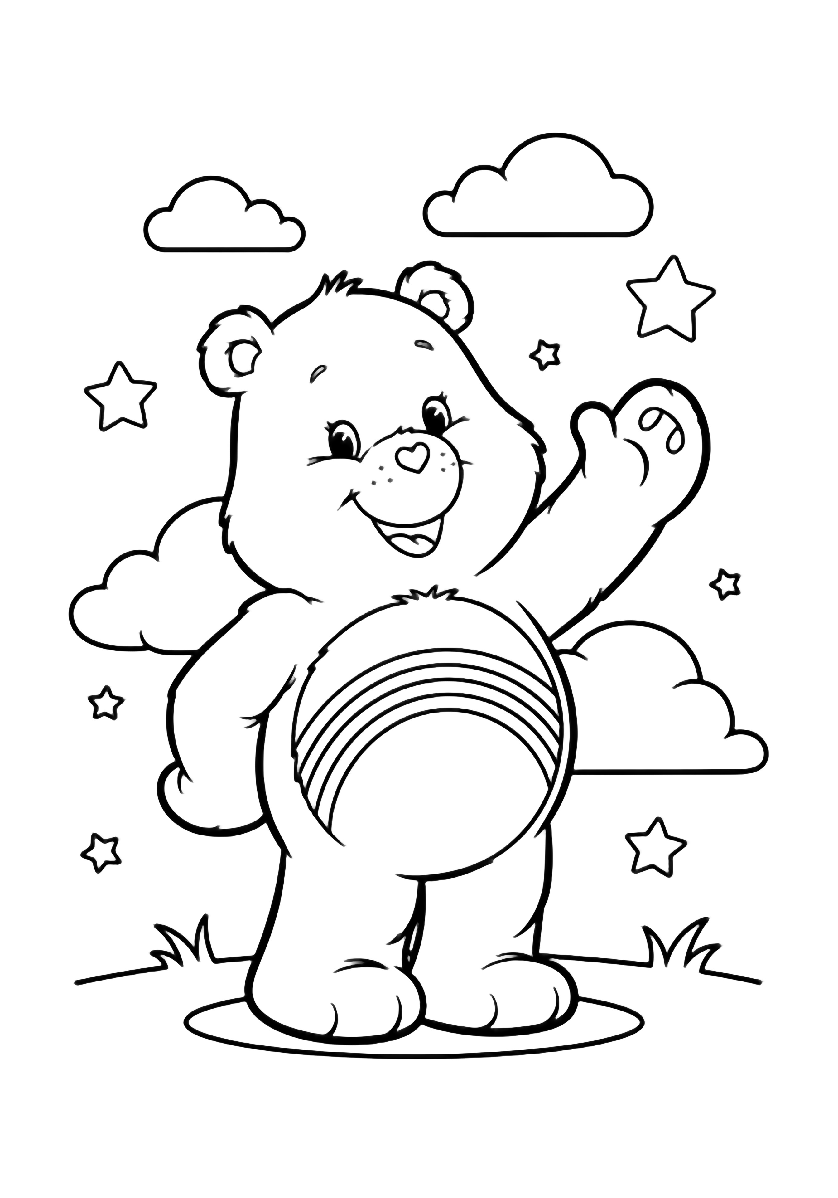 Een glimlachende Care Bear zwaait terwijl hij in het gras staat; wolken, sterren en een regenboog buigen van zijn buikbadge. kleurplaat
