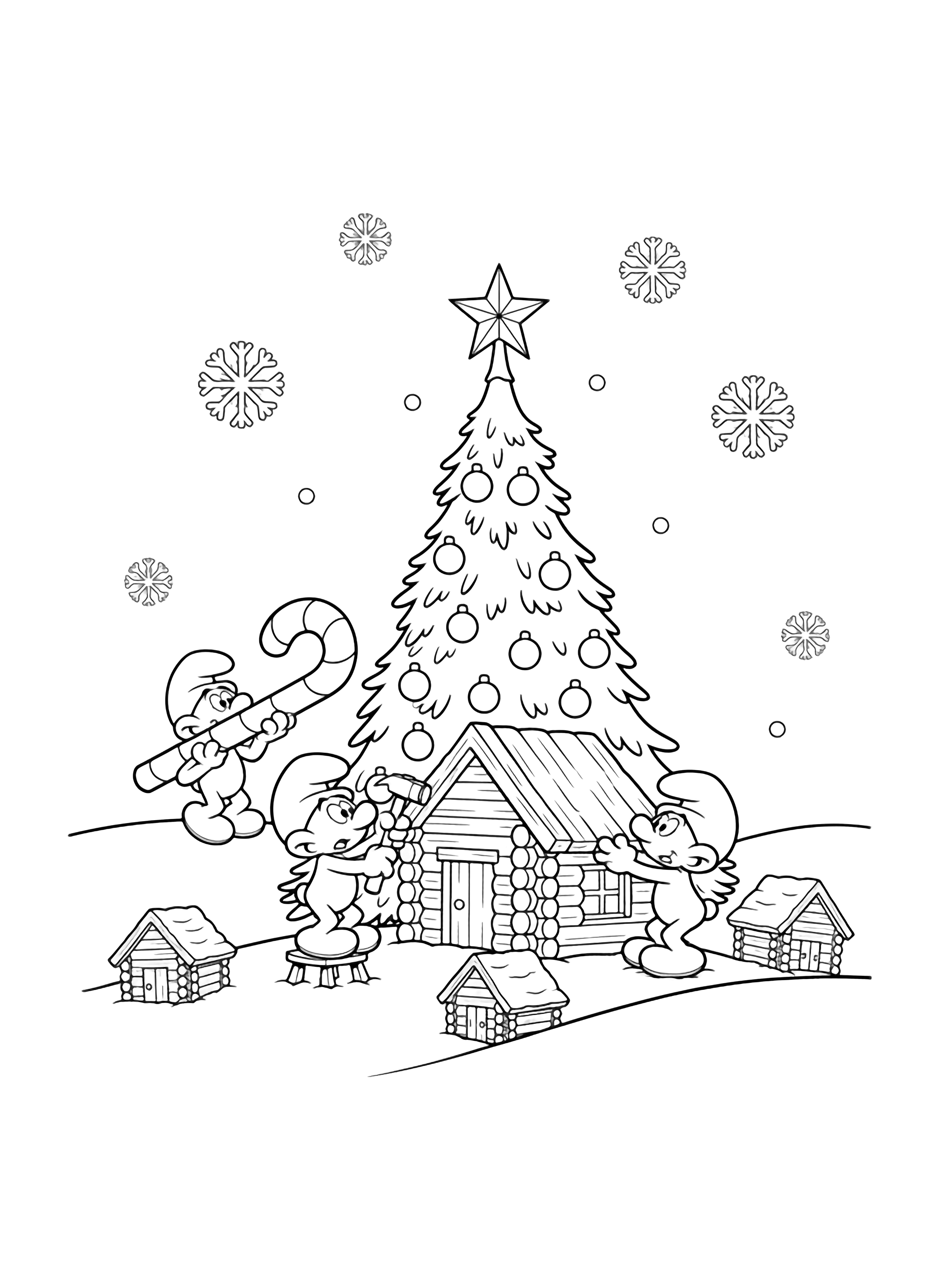 Three Smurfs build log cabins beside a tall star-topped Christmas tree; one hammers, one holds a roof, one carries a candy cane, with snowy hills and falling snowflakes around them. kleurplaat