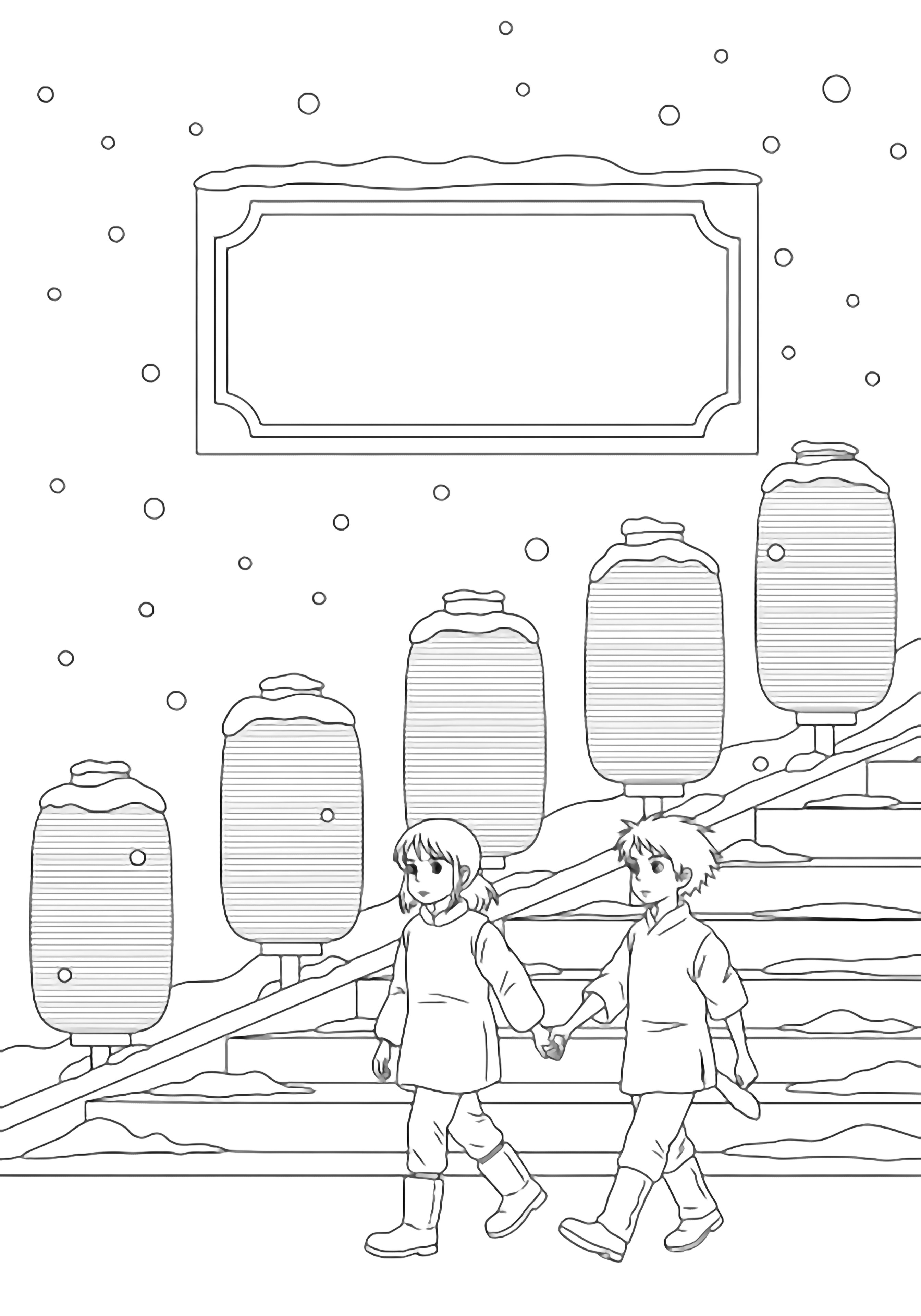 Chihiro in coat and boots holds Haku's hand while walking past five snow-dusted paper lanterns on bathhouse steps, light snowfall drifting around them beneath a large signboard. kleurplaat