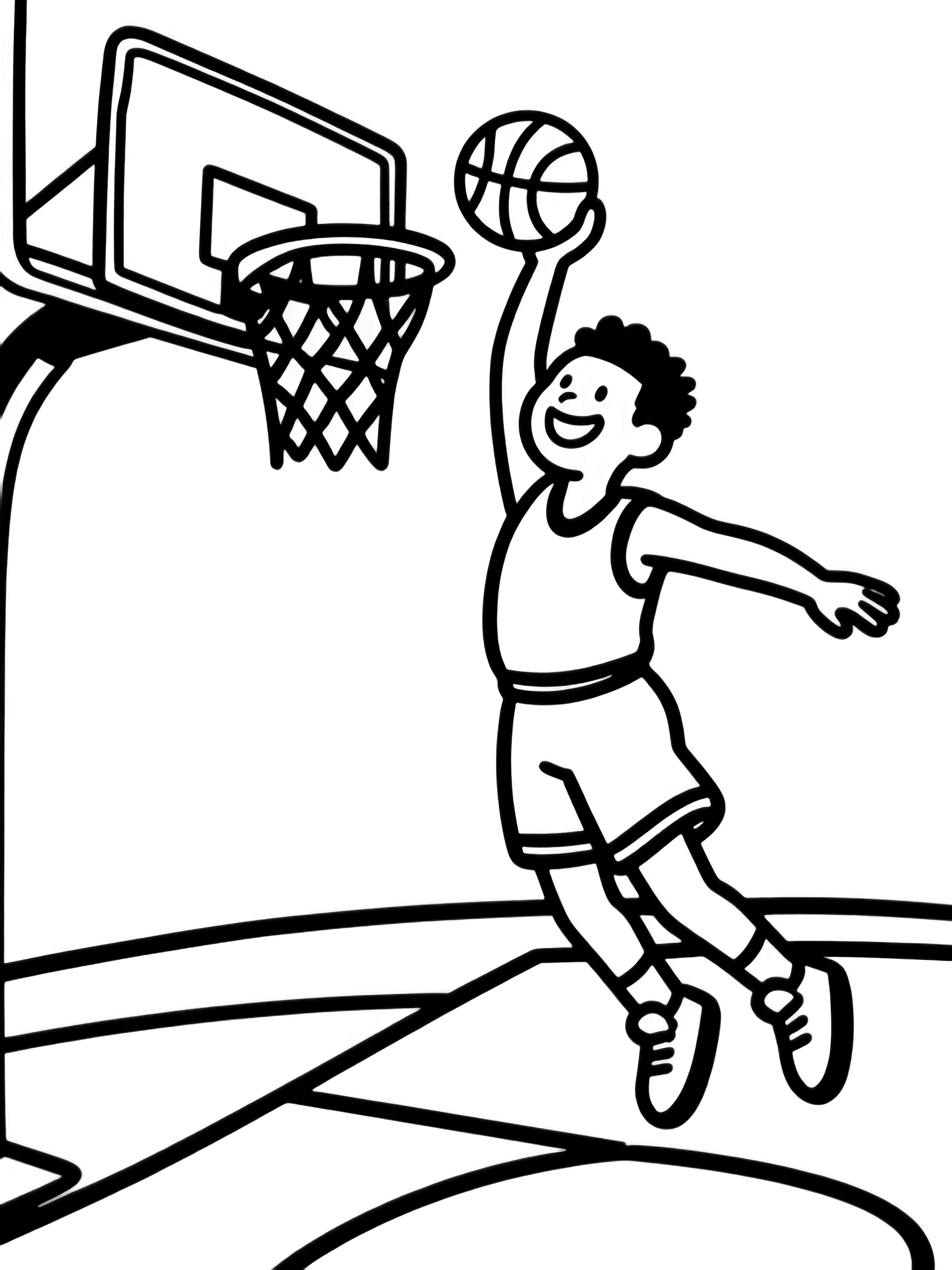 A joyful basketball player dunks, arm extended toward the hoop, with court lines, backboard, and net behind him. kleurplaat