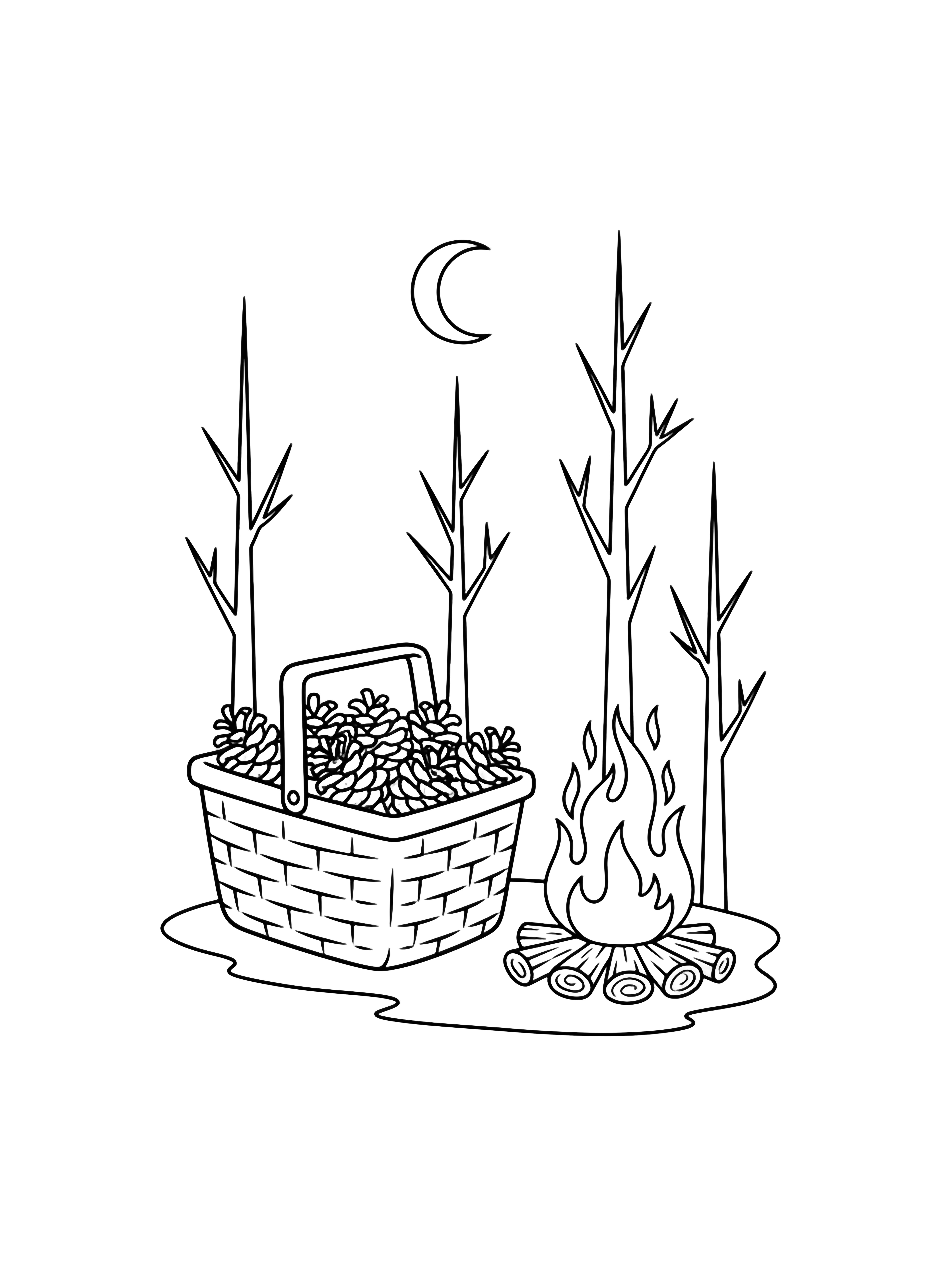 A picnic basket full of pinecones sits beside a ring of logs with a tall campfire, three skinny trees nearby, a crescent moon overhead. kleurplaat