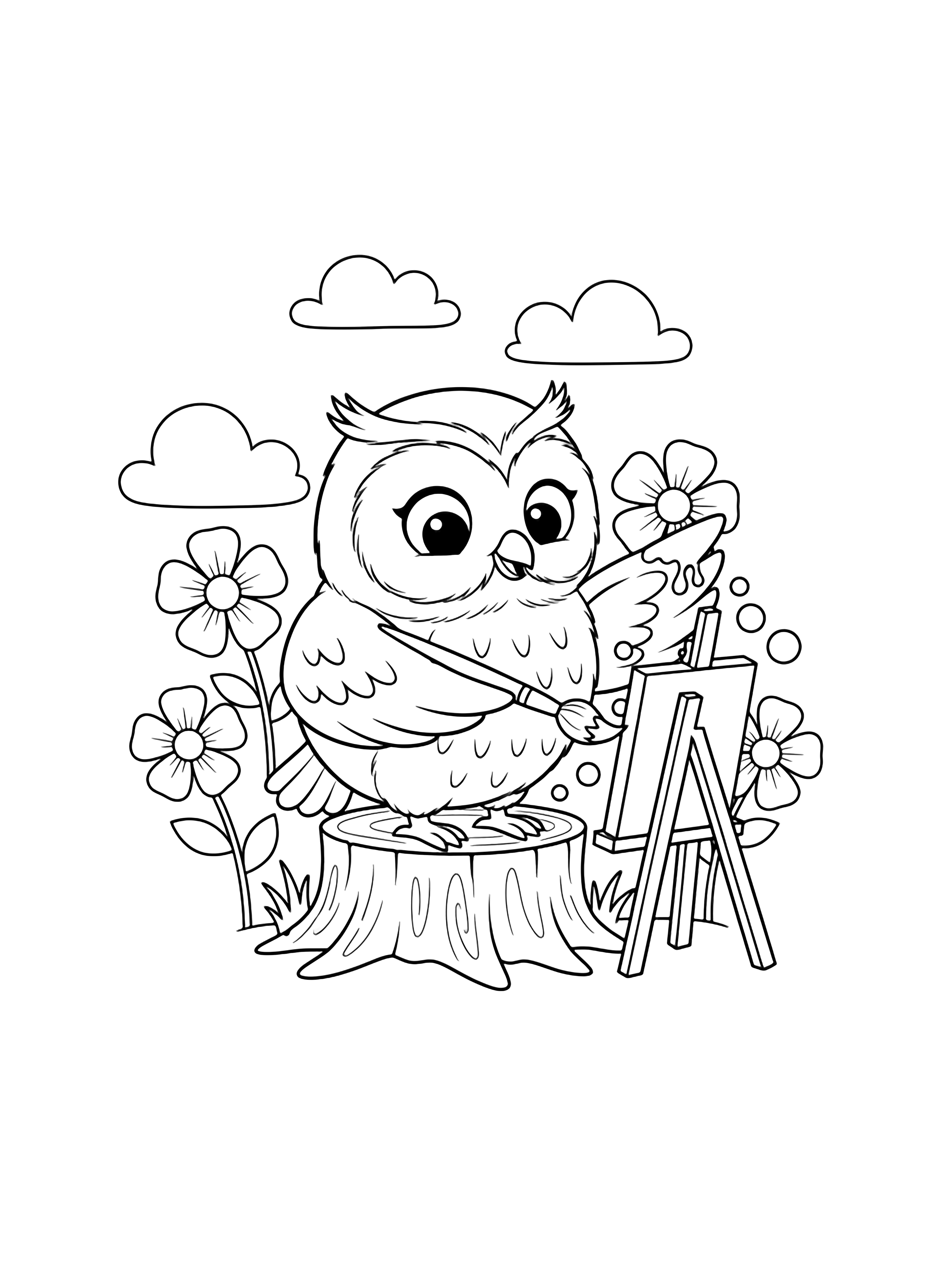 A cheerful cartoon owl on a stump paints a tiny canvas on an easel, with flowers and clouds behind. kleurplaat