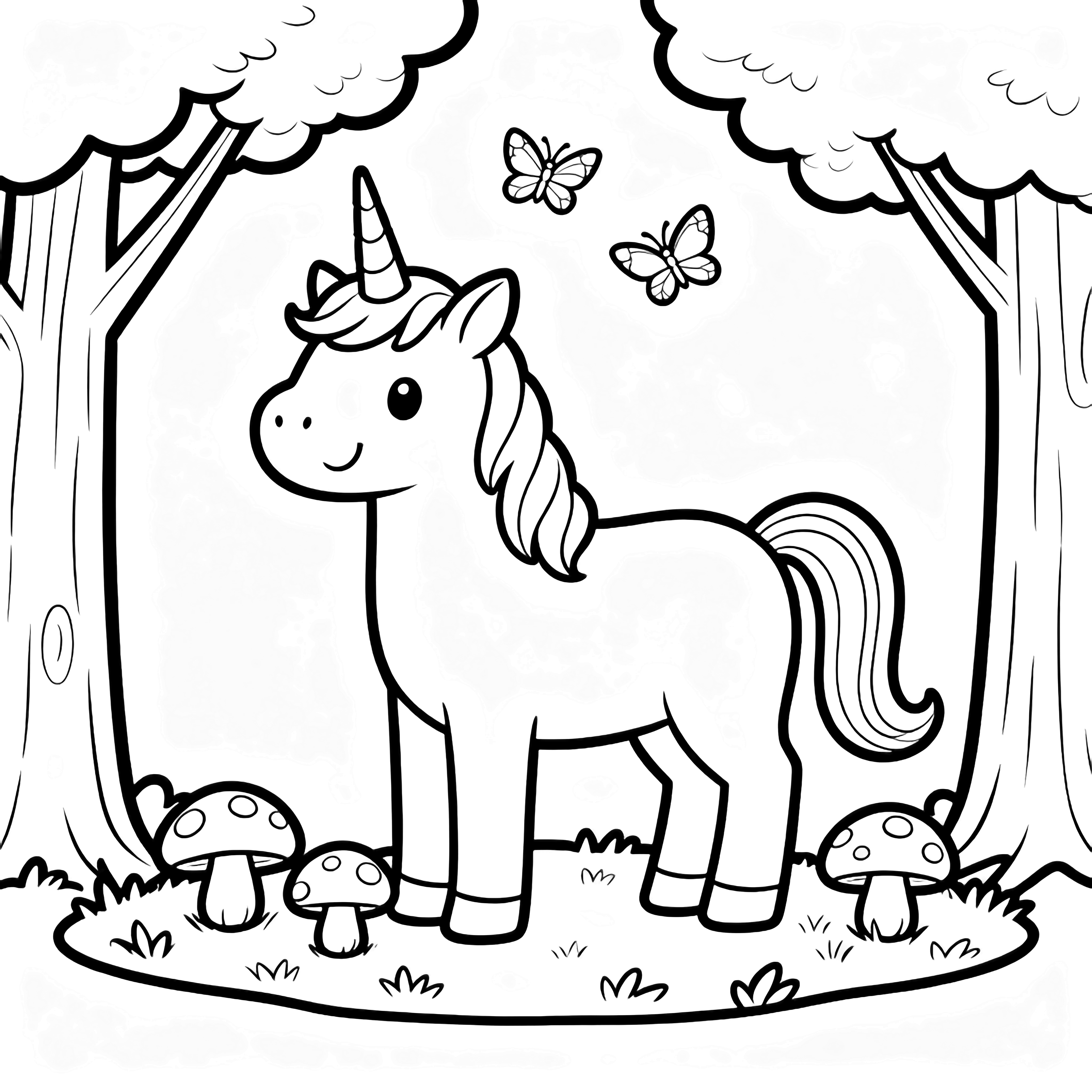A smiling unicorn in a forest clearing with butterflies above its mane and three round-capped mushrooms at its hooves, framed by trees. kleurplaat