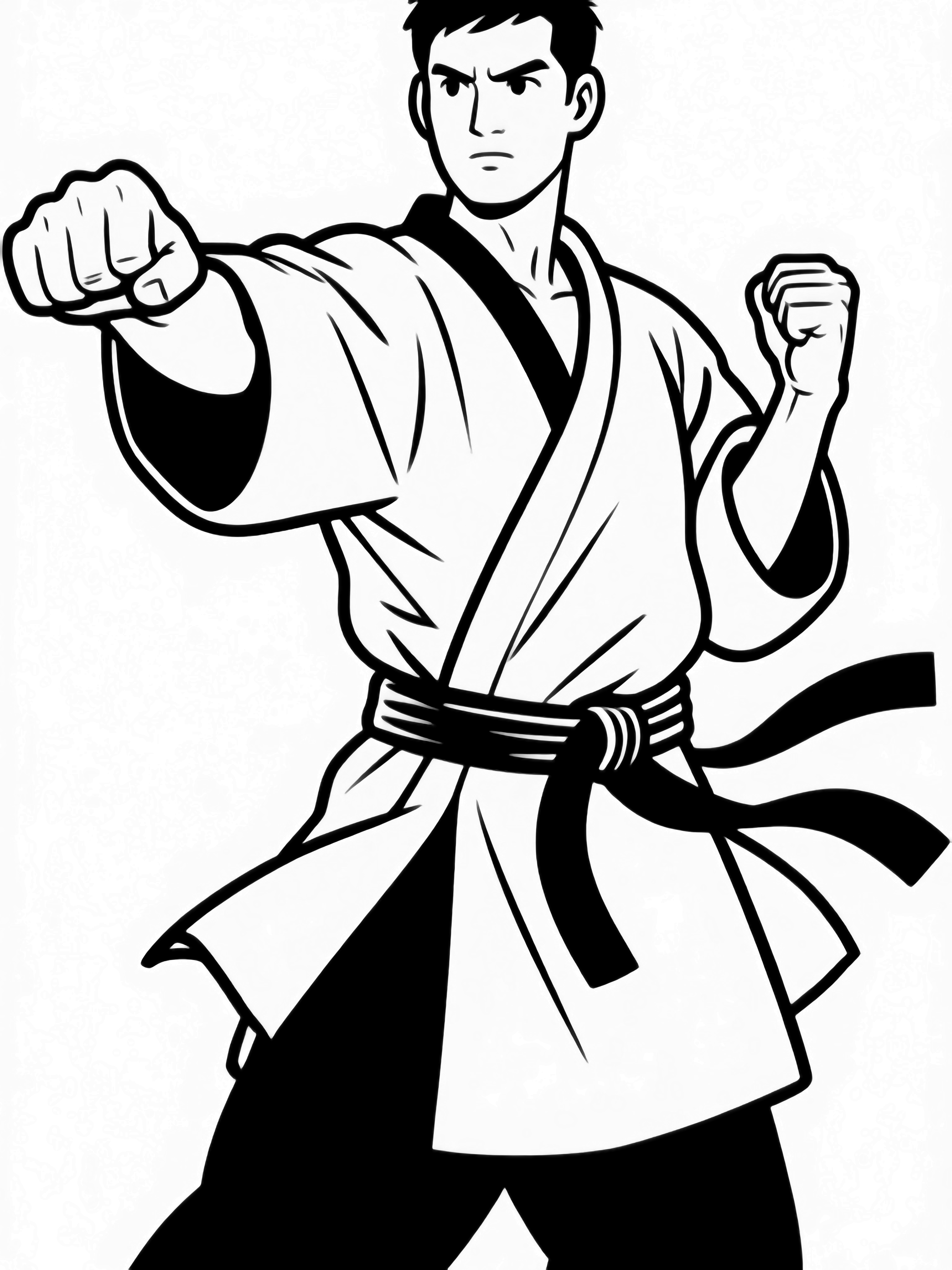 Karate master in deep stance, one arm thrust forward, other fist at hip; open gi with flying belt ends kleurplaat