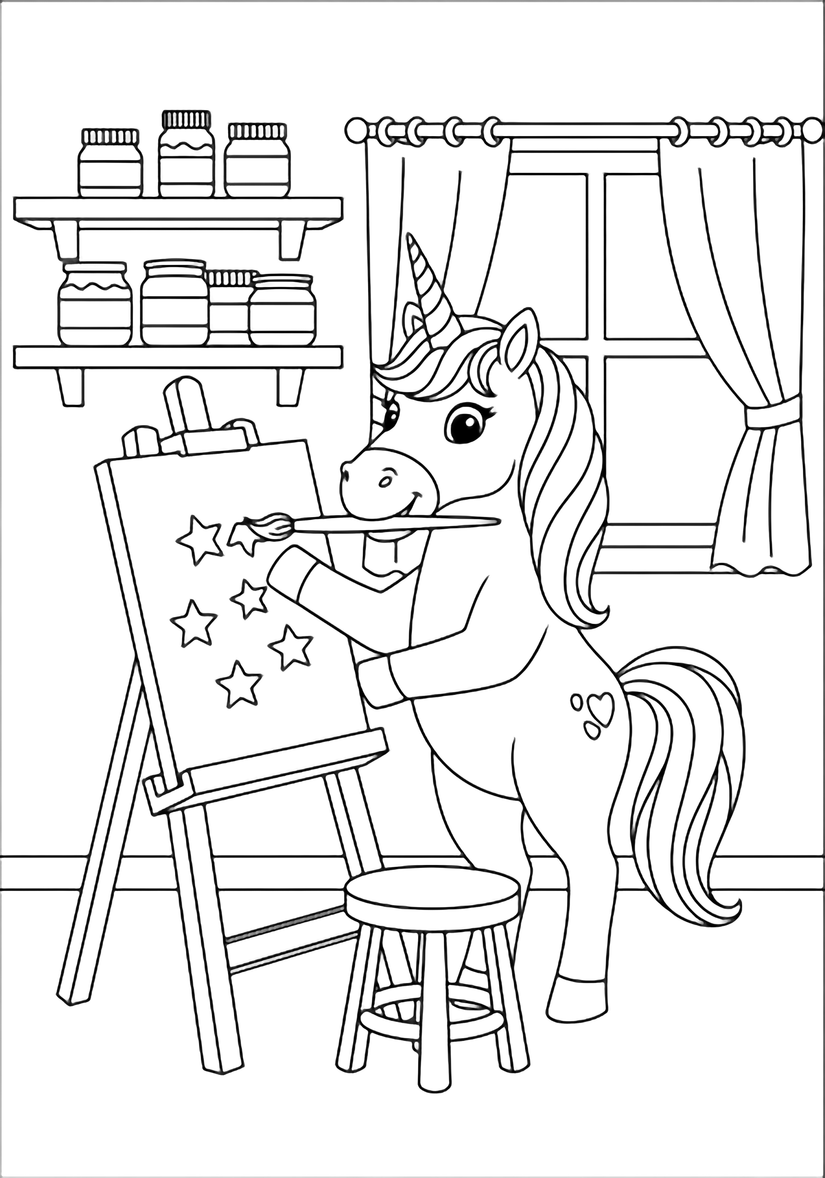 A smiling unicorn paints stars on a canvas at an easel in a cozy studio with a shelf of paint jars, a window, and a stool. kleurplaat