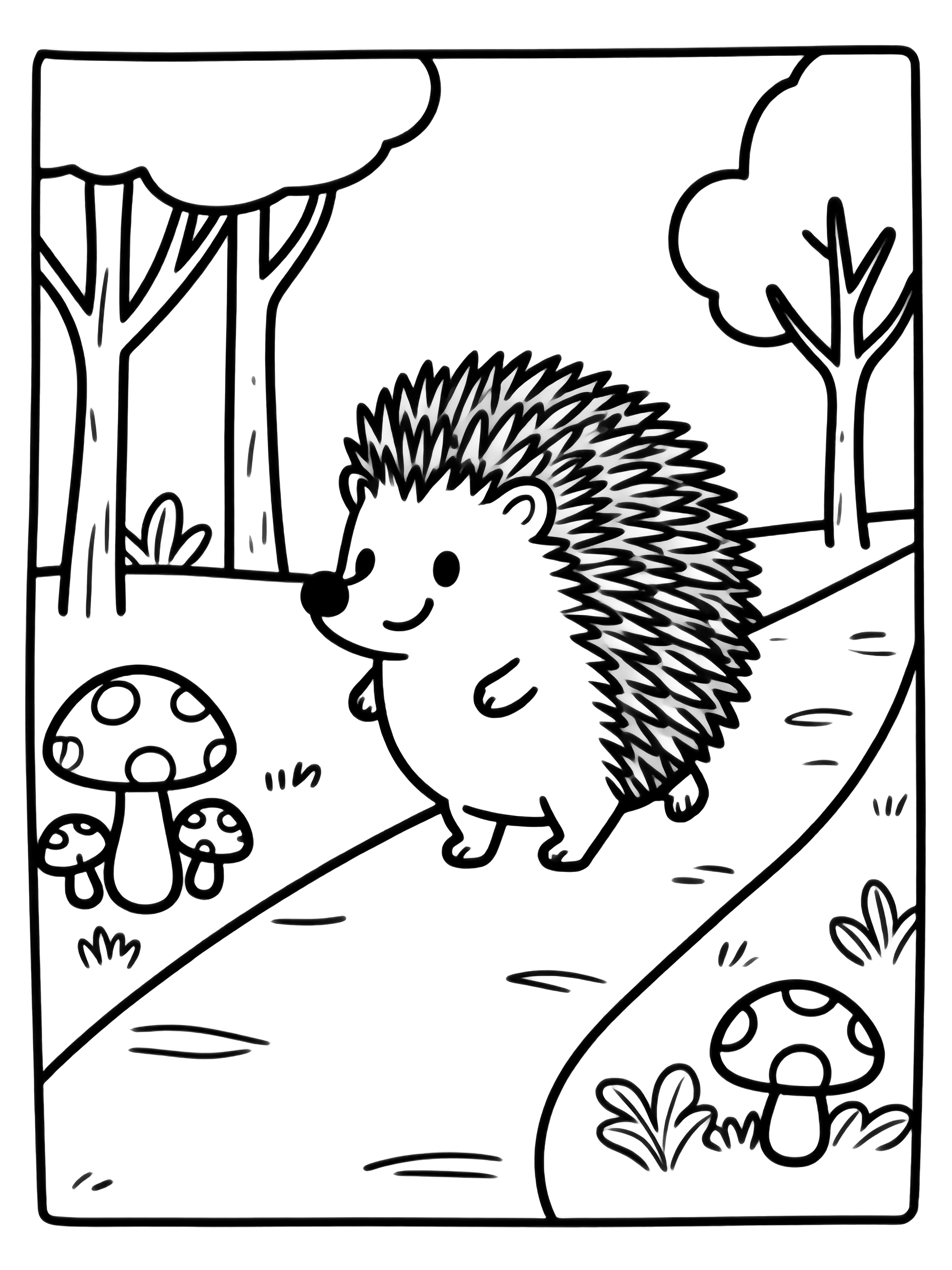 A cheerful hedgehog walks a winding path among big mushrooms, leafy ground, and slim trees. kleurplaat