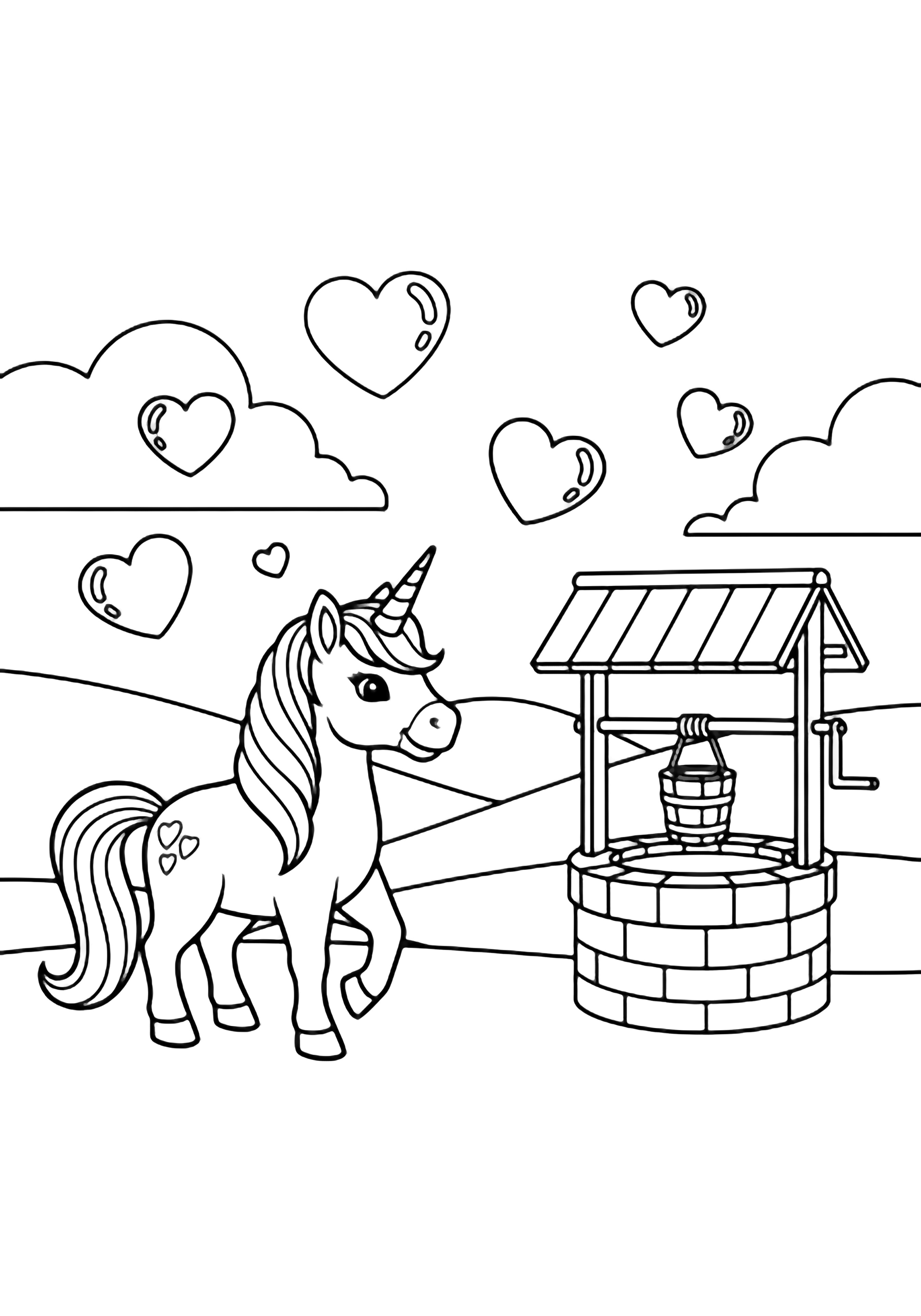 A smiling unicorn beside a wishing well with a hanging bucket, drifting hearts, rolling hills, and soft clouds. kleurplaat