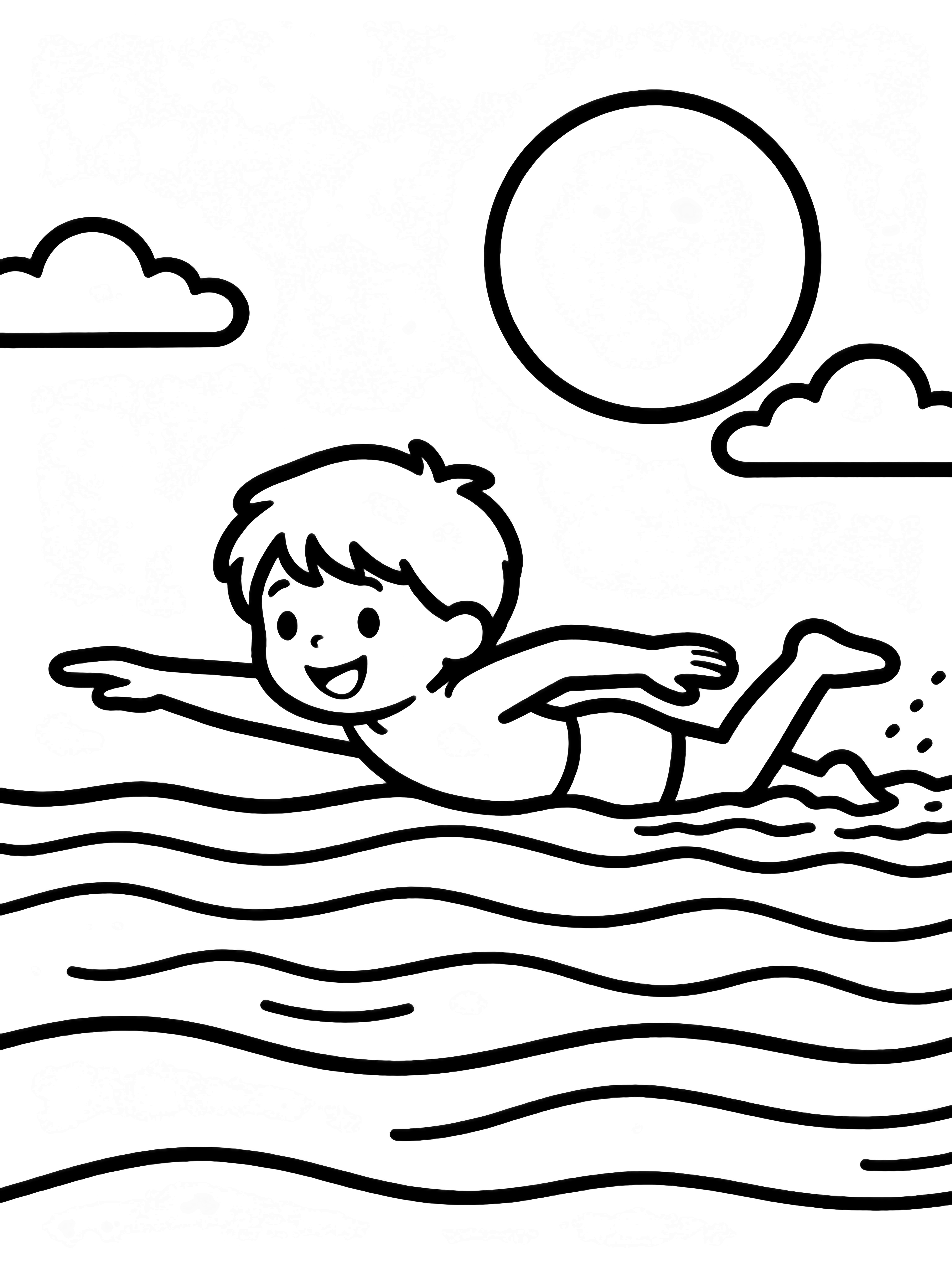 A smiling child swims freestyle, one arm forward, legs kicking, wavy water below, big sun and clouds above. kleurplaat