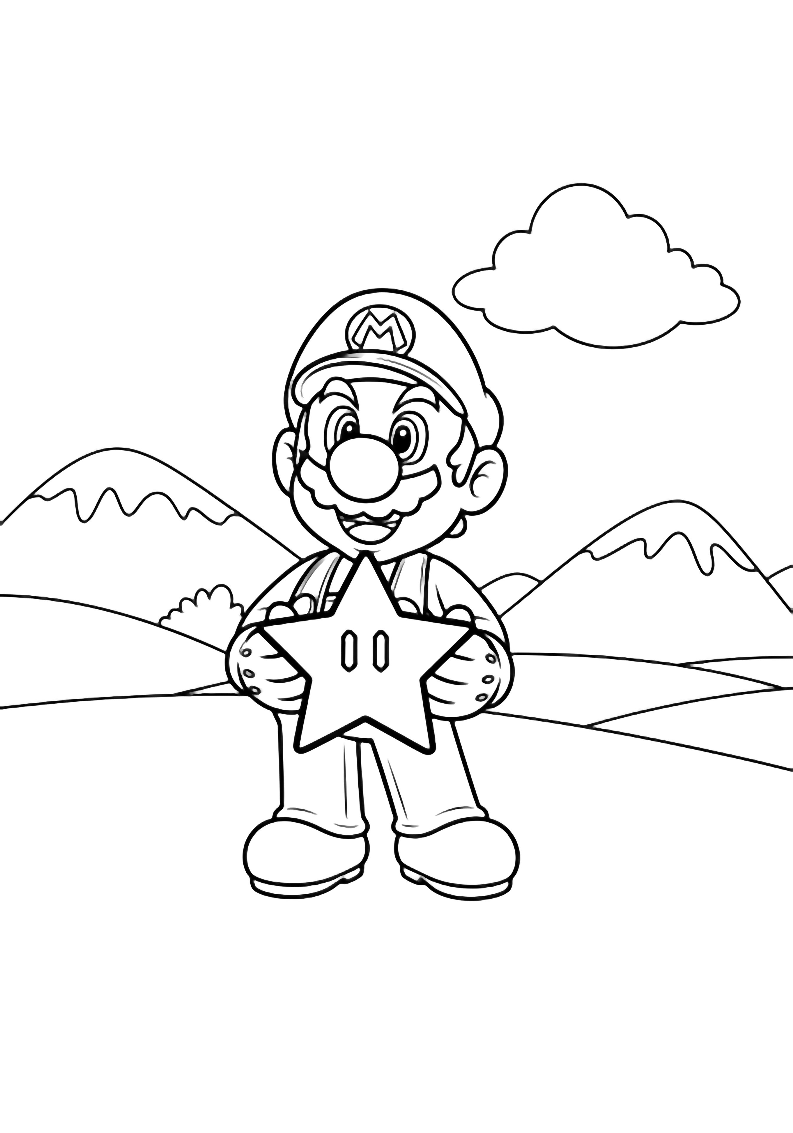 Mario stands centered, legs apart, smiling as he holds up a large star in both hands; simple hills and a cloud behind him. kleurplaat
