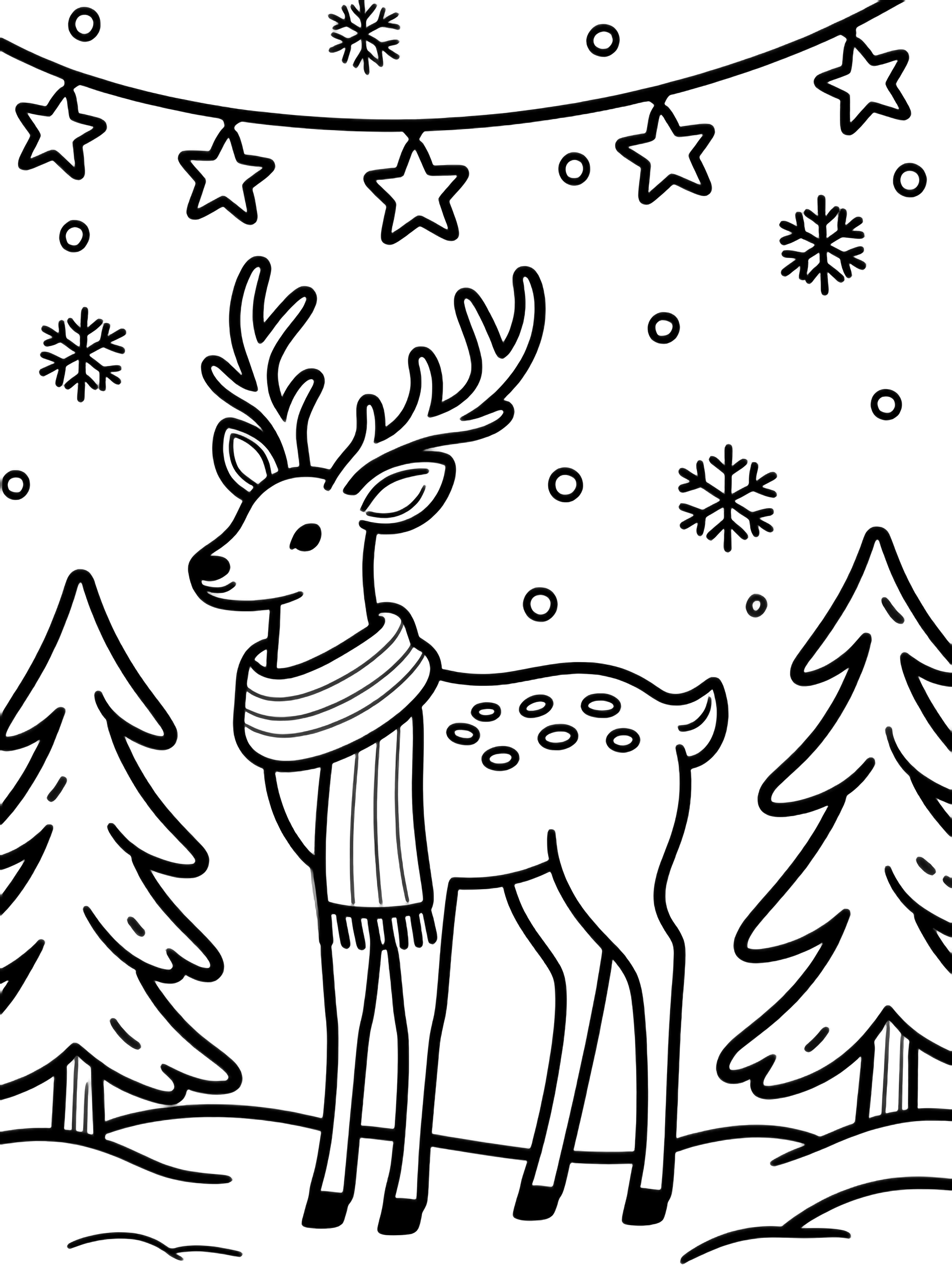 A gentle deer wearing a long scarf stands beneath hanging star-shaped lights, with simple pine trees around and drifting snowflakes. kleurplaat