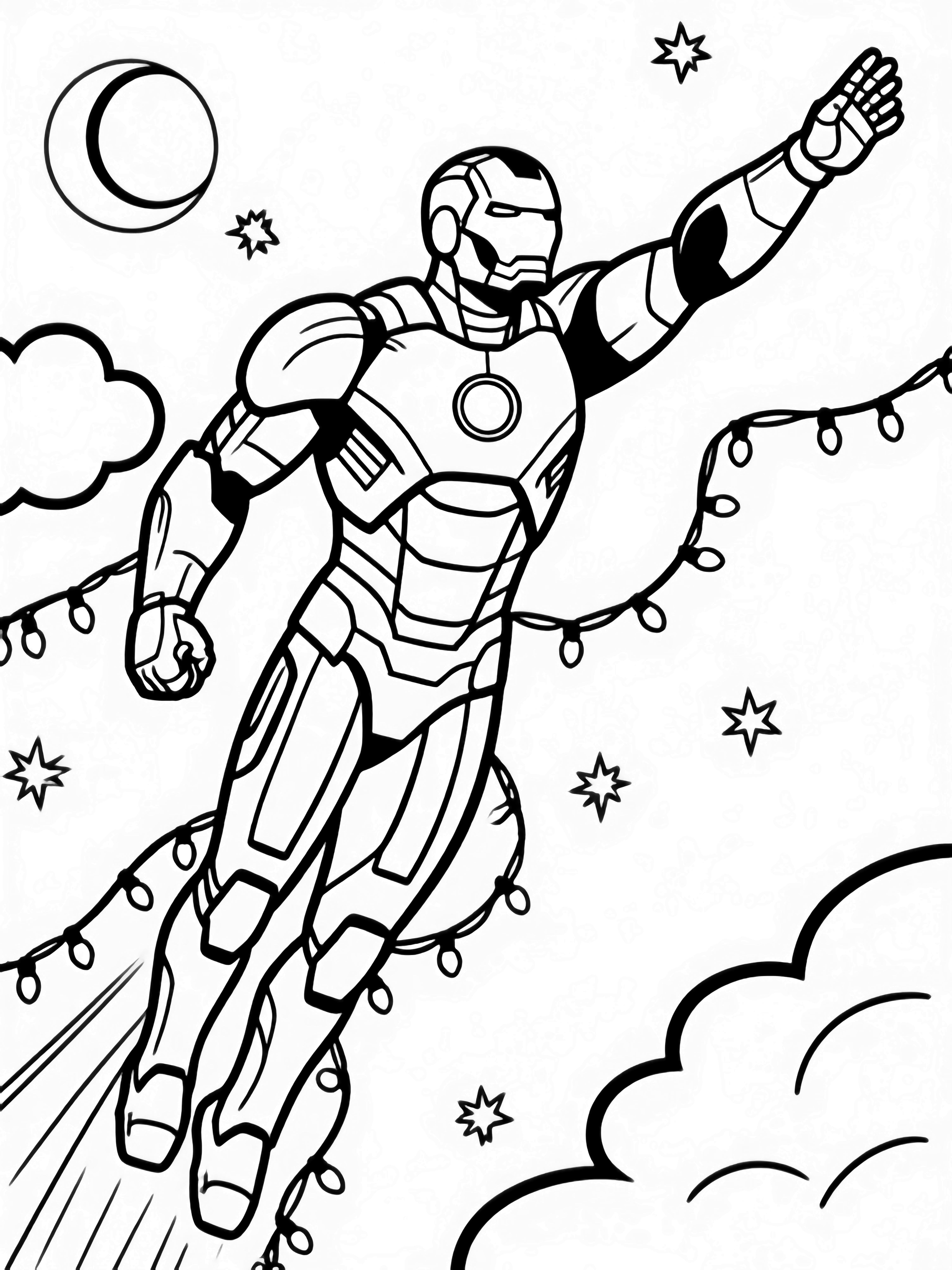 illustratie van een Iron Man die omhoog schiet, rechterarm gestrekt, linkerarm ingetrokken; gladde pantserplaten met contouren, achter hem vormt een slingerende kerstlichtsnoer een golvende baan, eenvoudige wolkjes, verre sterren, maan, alle binnenvormen wit, dikke zwarte omlijning, klaar om in te kleuren, strak zwart kleurplaat