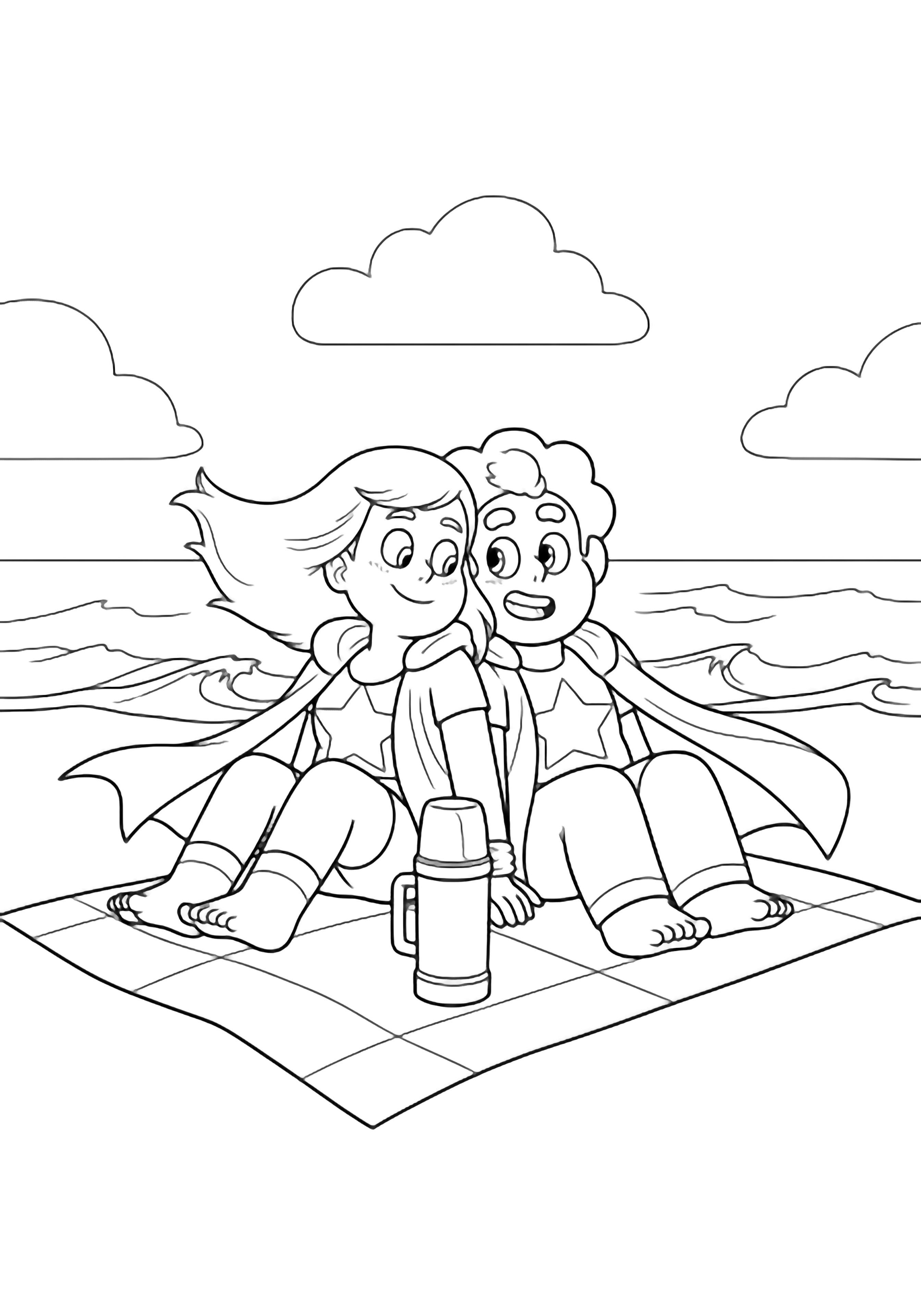 Steven and Connie sit close on a beach blanket, thermos between them, gentle waves behind, hair and blanket fluttering in a light breeze, smiling under a simple cloud outline. kleurplaat