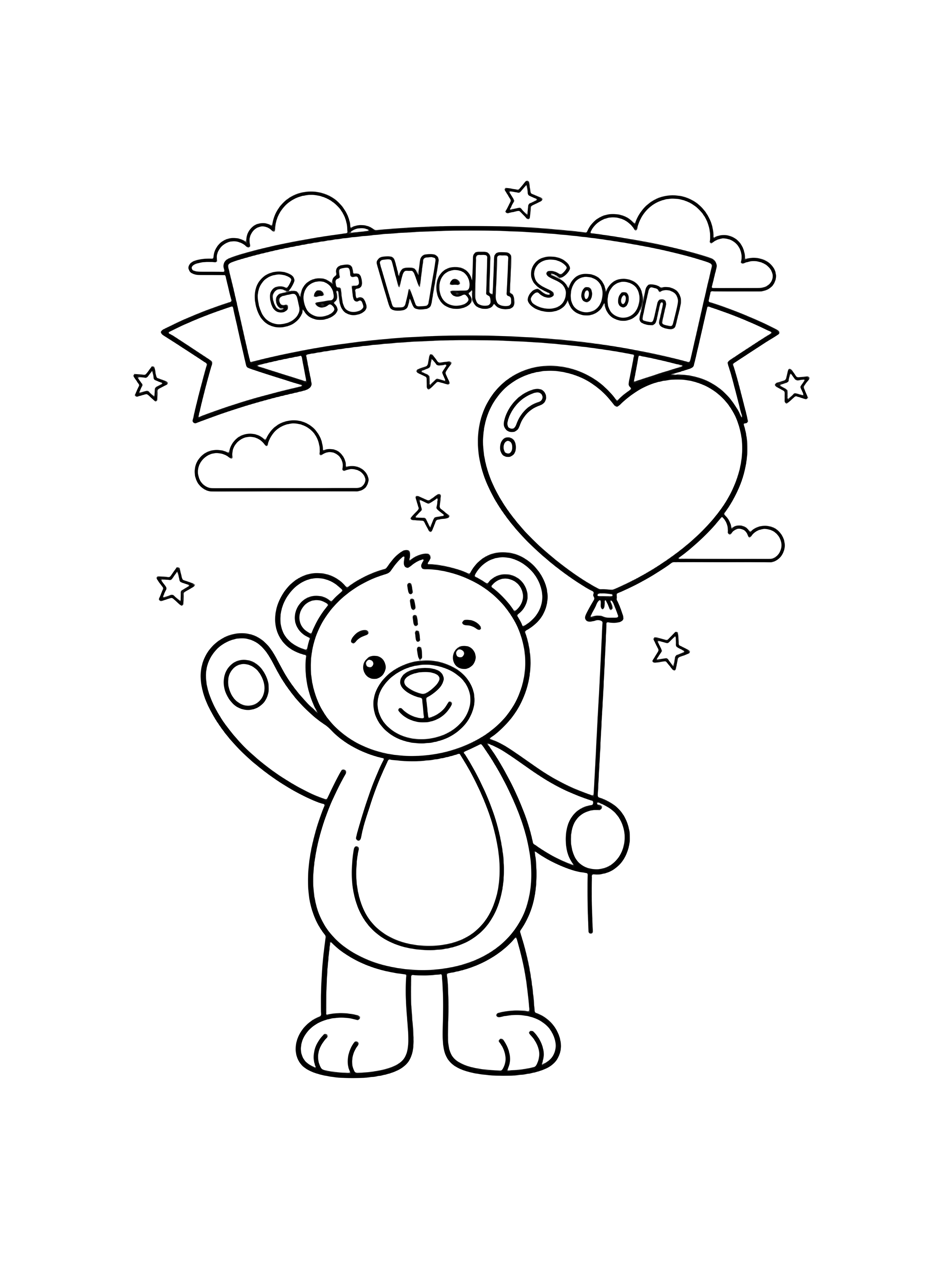 A cheerful teddy bear waves while holding a heart-shaped balloon; a "Get Well Soon" banner drifts above, with minimal clouds and tiny stars completing the scene. kleurplaat
