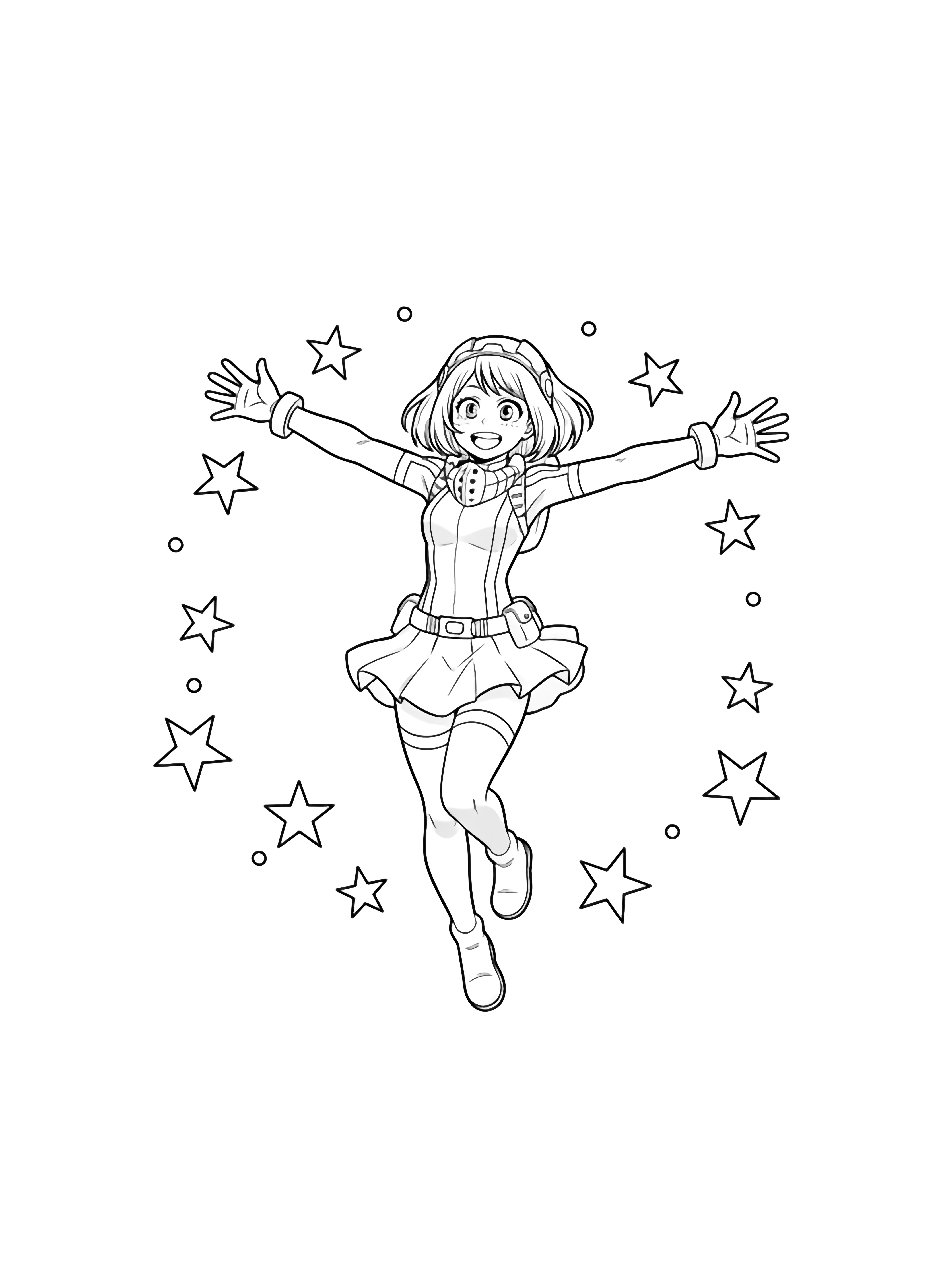Uraraka floats with arms wide, hair and skirt drifting upward, encircled by simple stars. kleurplaat
