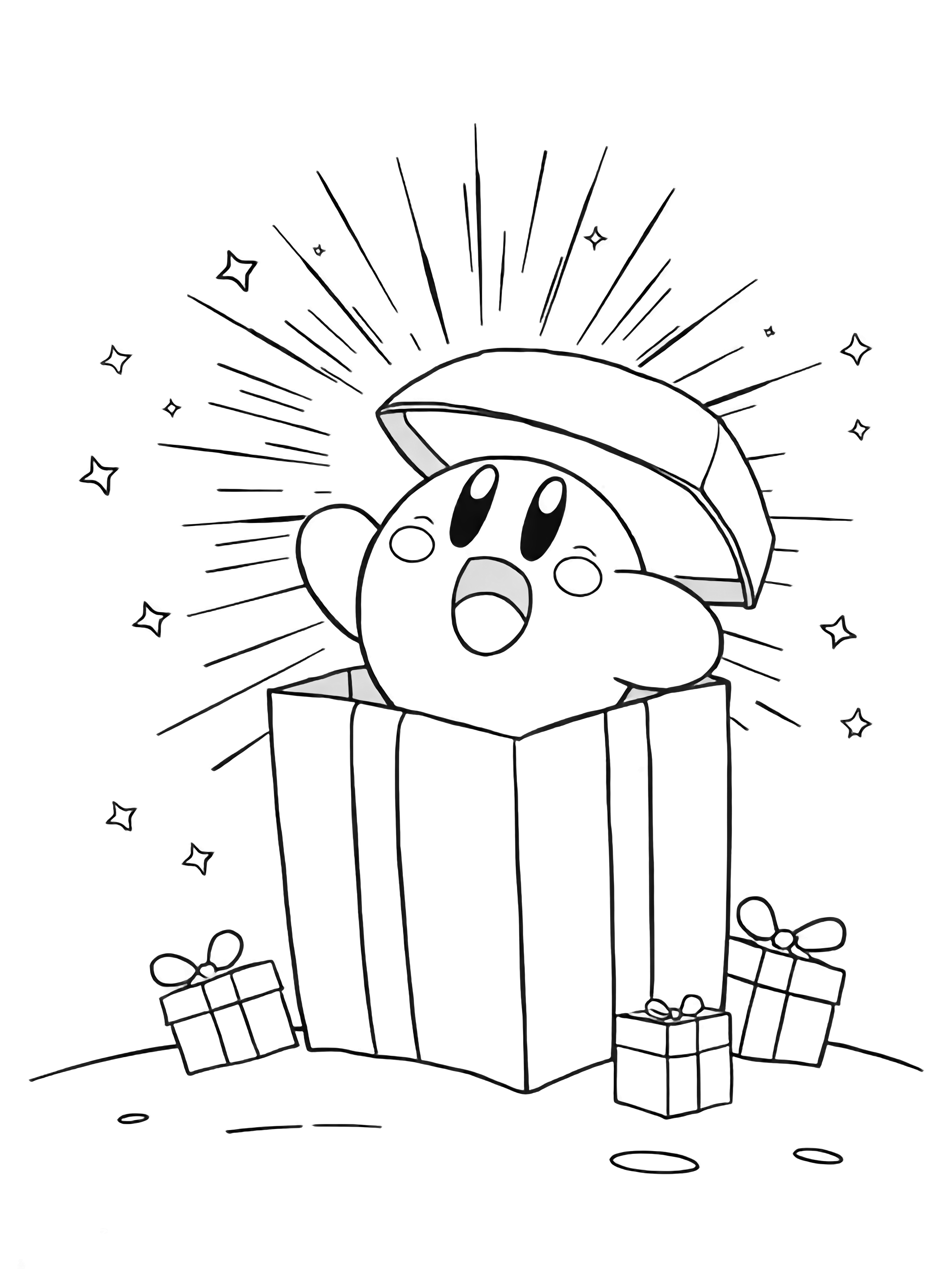 Kirby floats with mouth open in delight, tugging open a giant present; stars, swirls and burst lines explode upward, with a few gift boxes behind on blank ground. kleurplaat