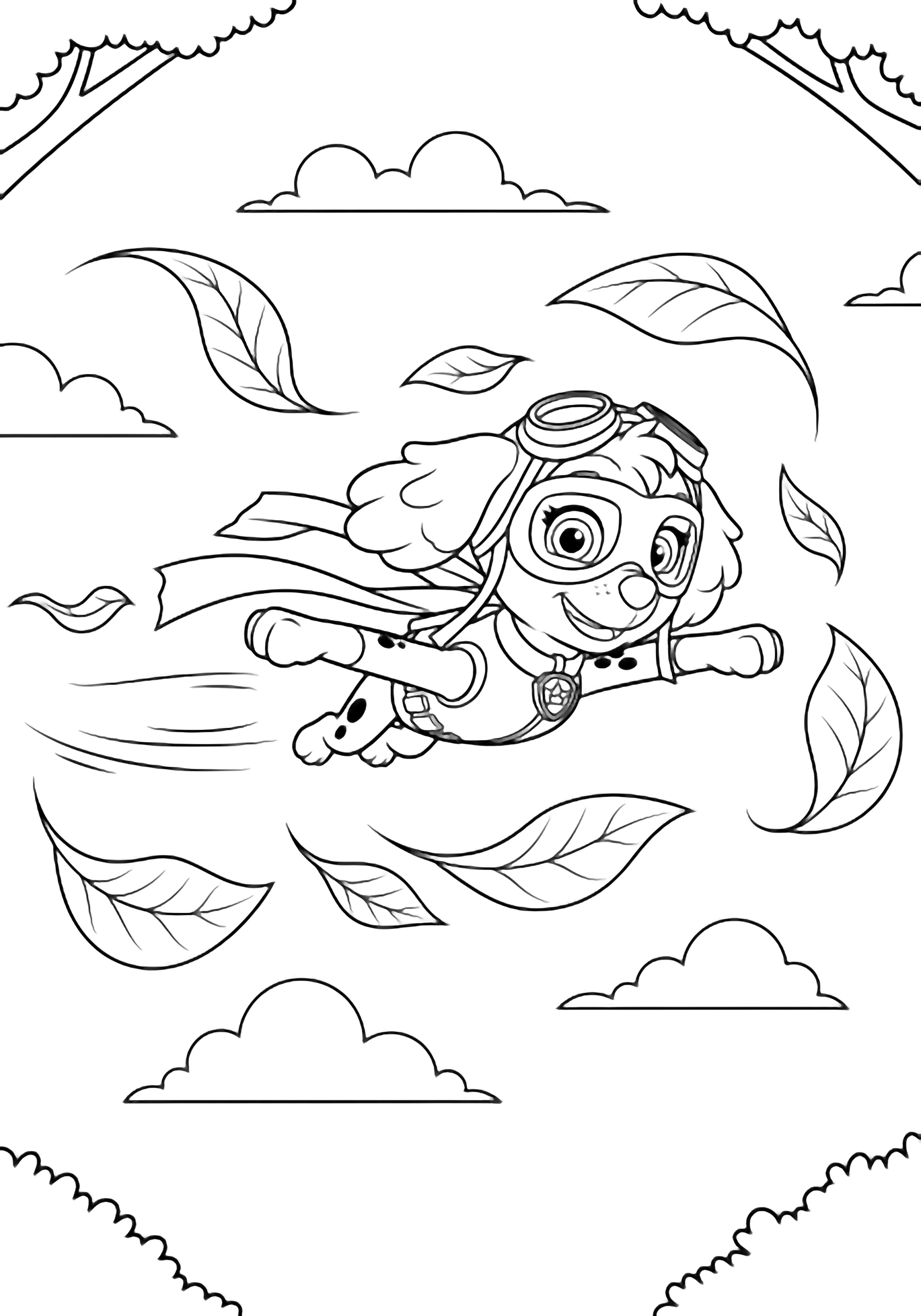Skye glides right with outstretched arms, big goggles, flowing scarf; swirling leaves curl around cloud puffs and treetop hints. kleurplaat