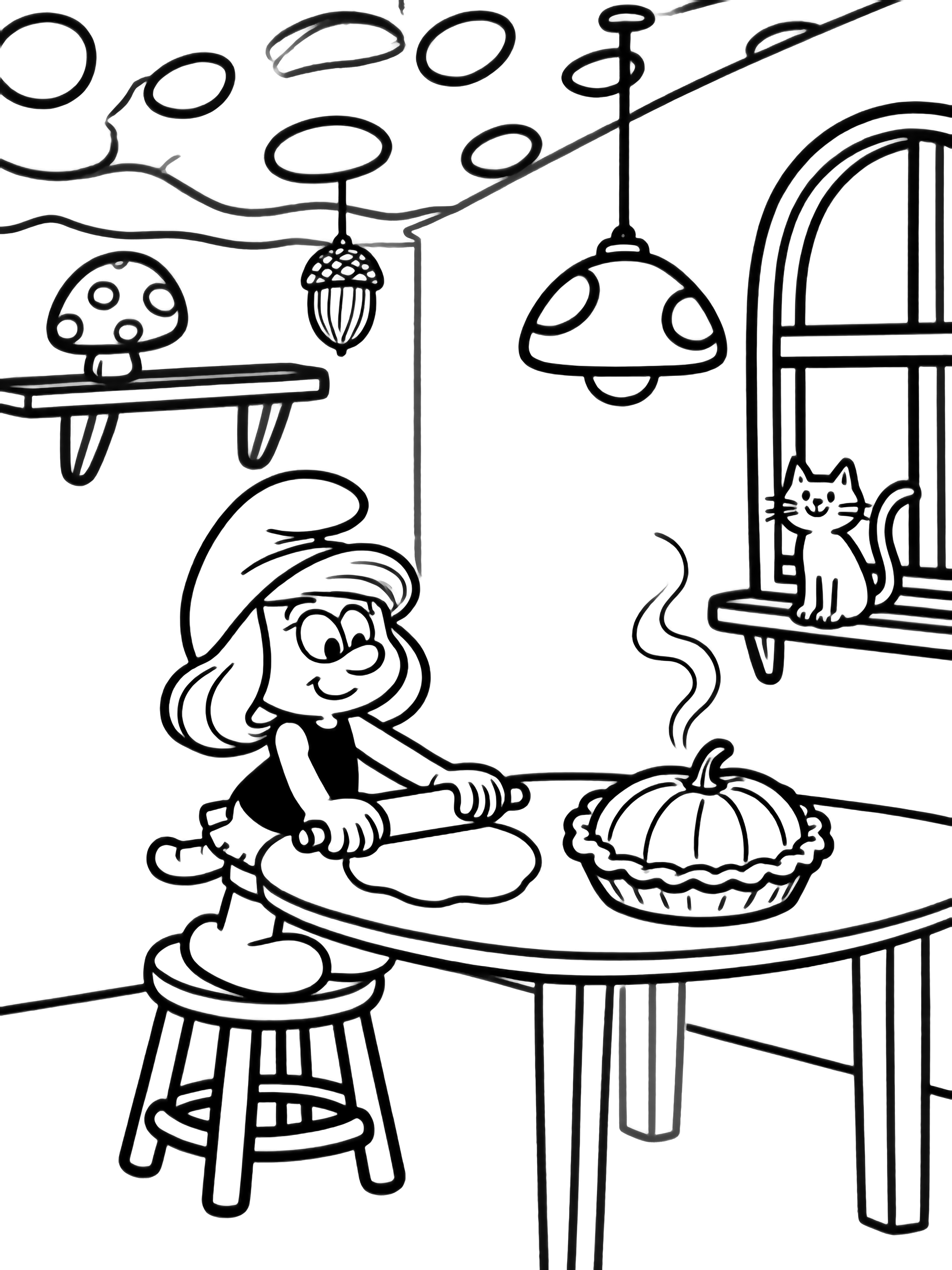Smurfette stands on a stool rolling a big pie crust; a steaming pumpkin pie waits nearby in a cozy mushroom kitchen with acorn lamps, shelves, window, and a smiling cat. kleurplaat