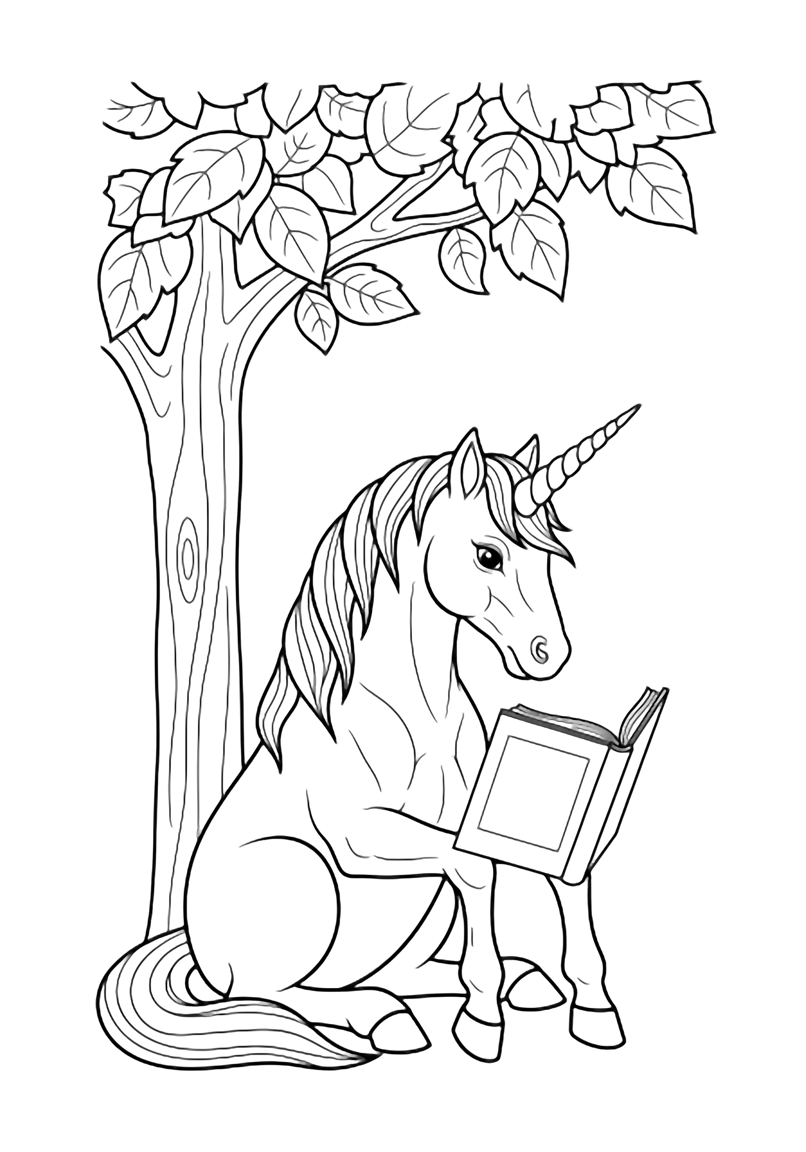 A unicorn sits reading an open book; a leafy tree arches overhead, dropping a few large leaves. kleurplaat