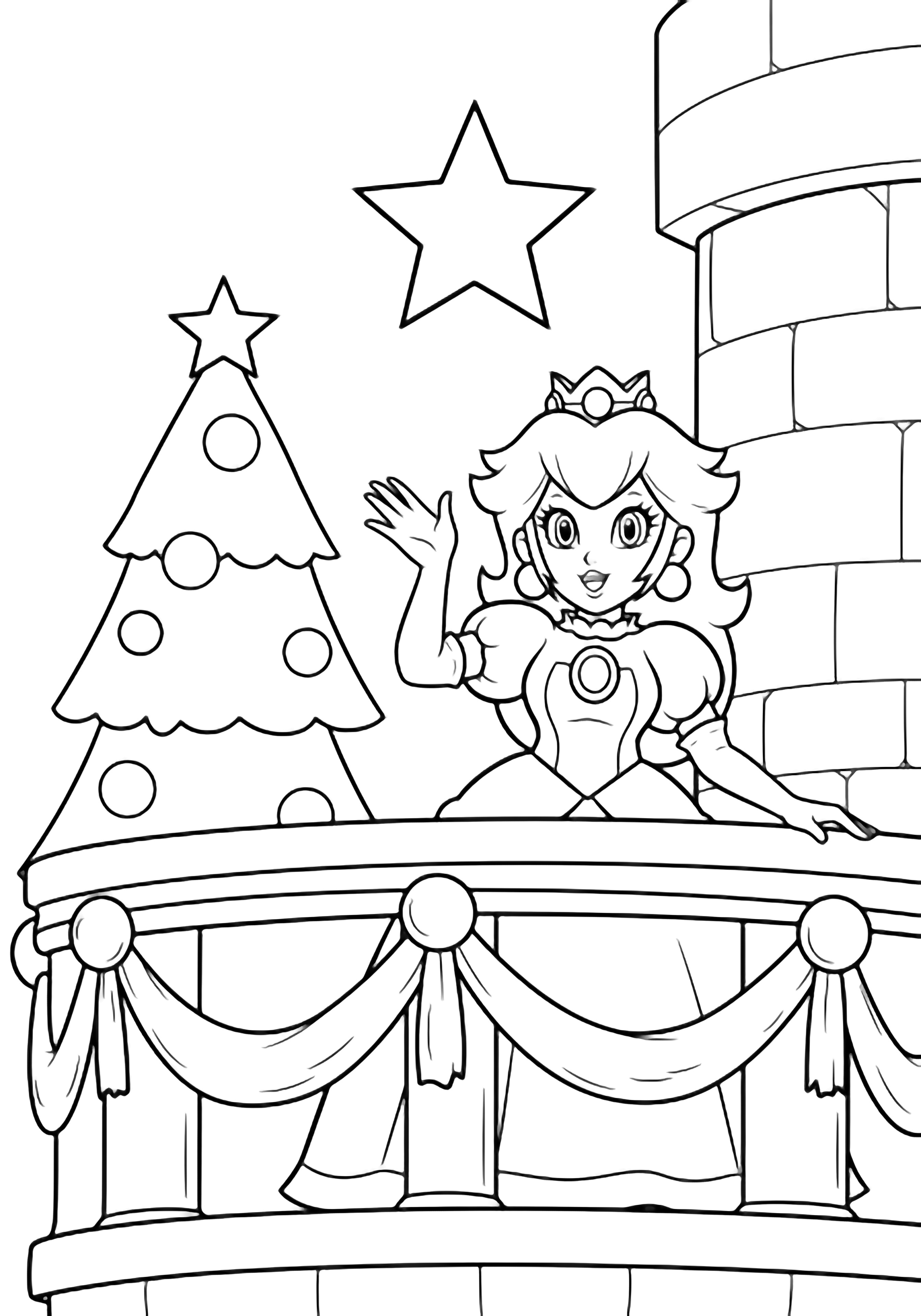 illustration on a Princess Peach waves from a castle balcony garlands looped along the railing a huge five pointed star above simple Christmas tree beside her all in clean black outlines on white clean black kleurplaat