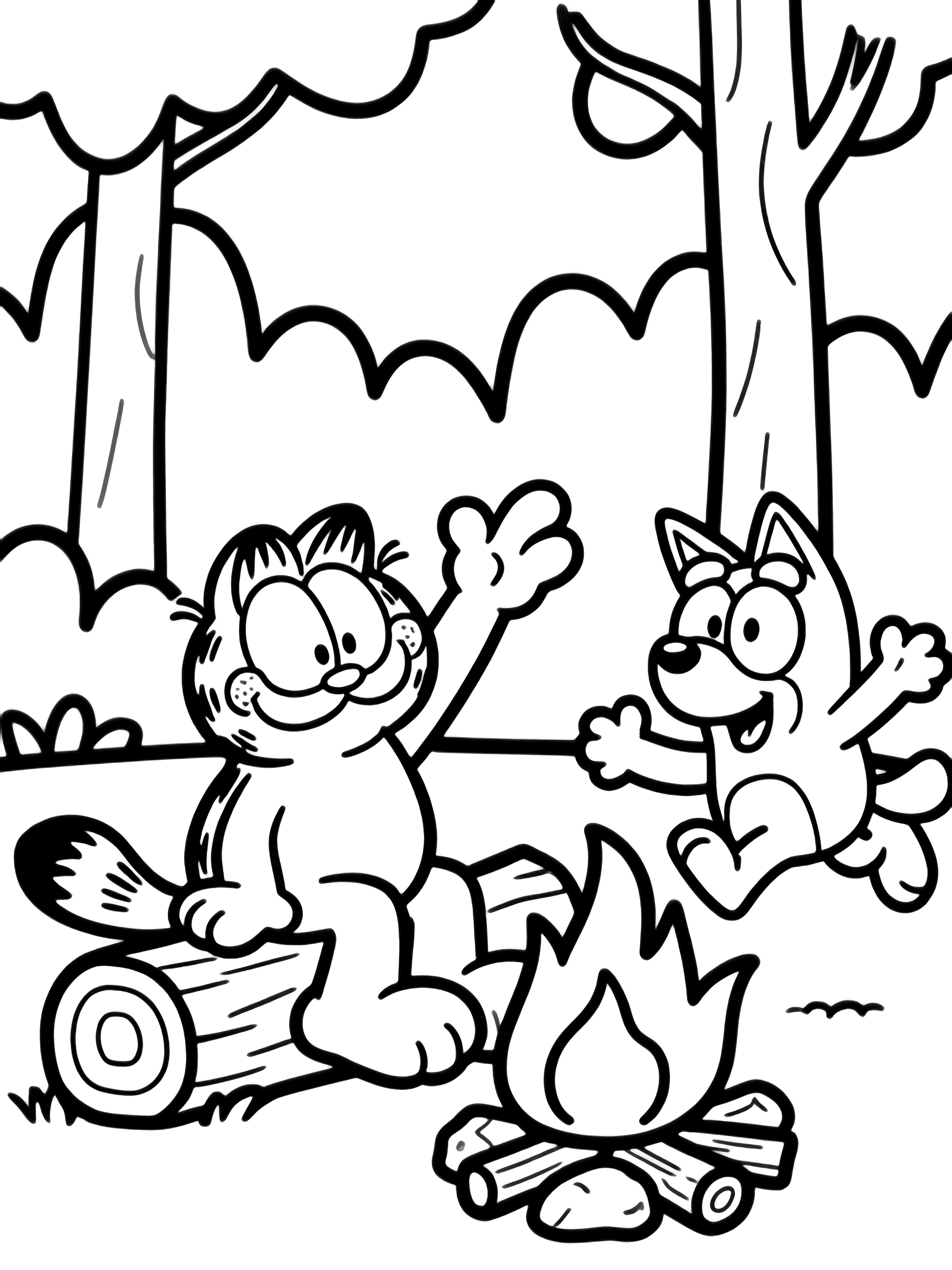 Garfield sits on a log, paw raised, smiling; Bluey bounces beside him beside a campfire of logs, stones and tall flames under wavy forest outlines. kleurplaat