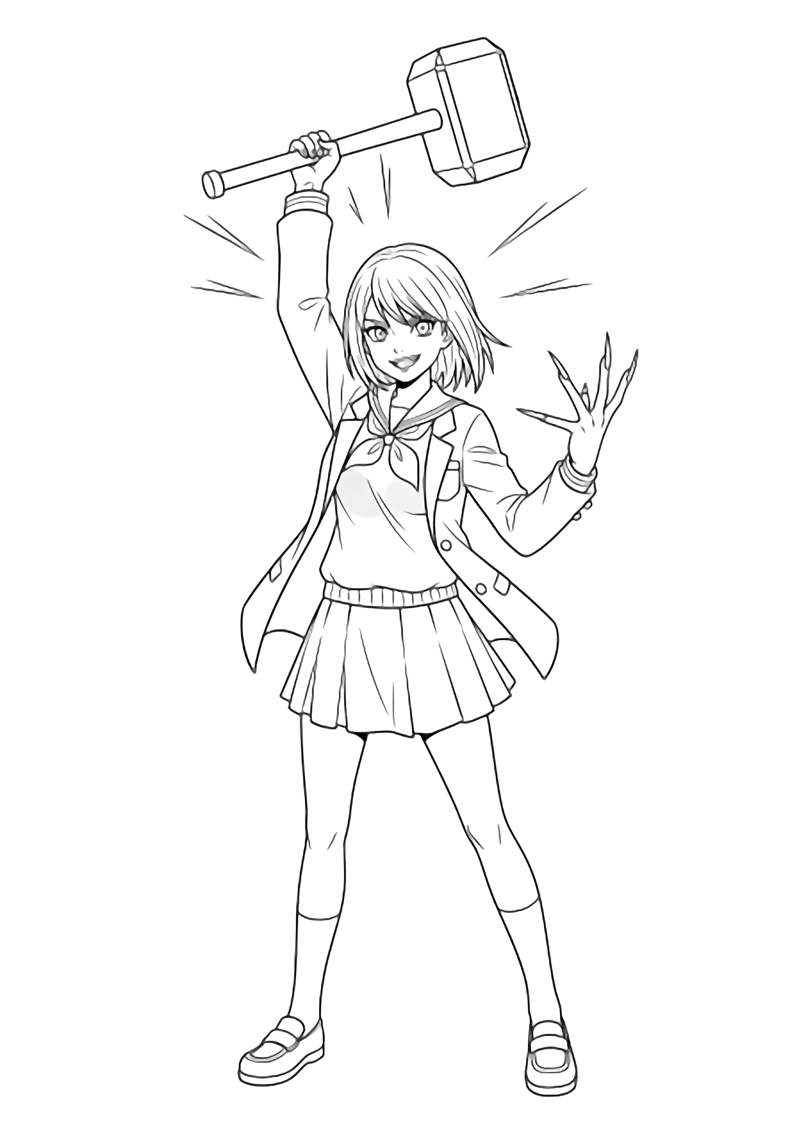 Nobara stands with feet apart, hoisting a chunky hammer while fanning three long nails; her open jacket and spiky bob flutter amid speed lines as she grins confidently. kleurplaat
