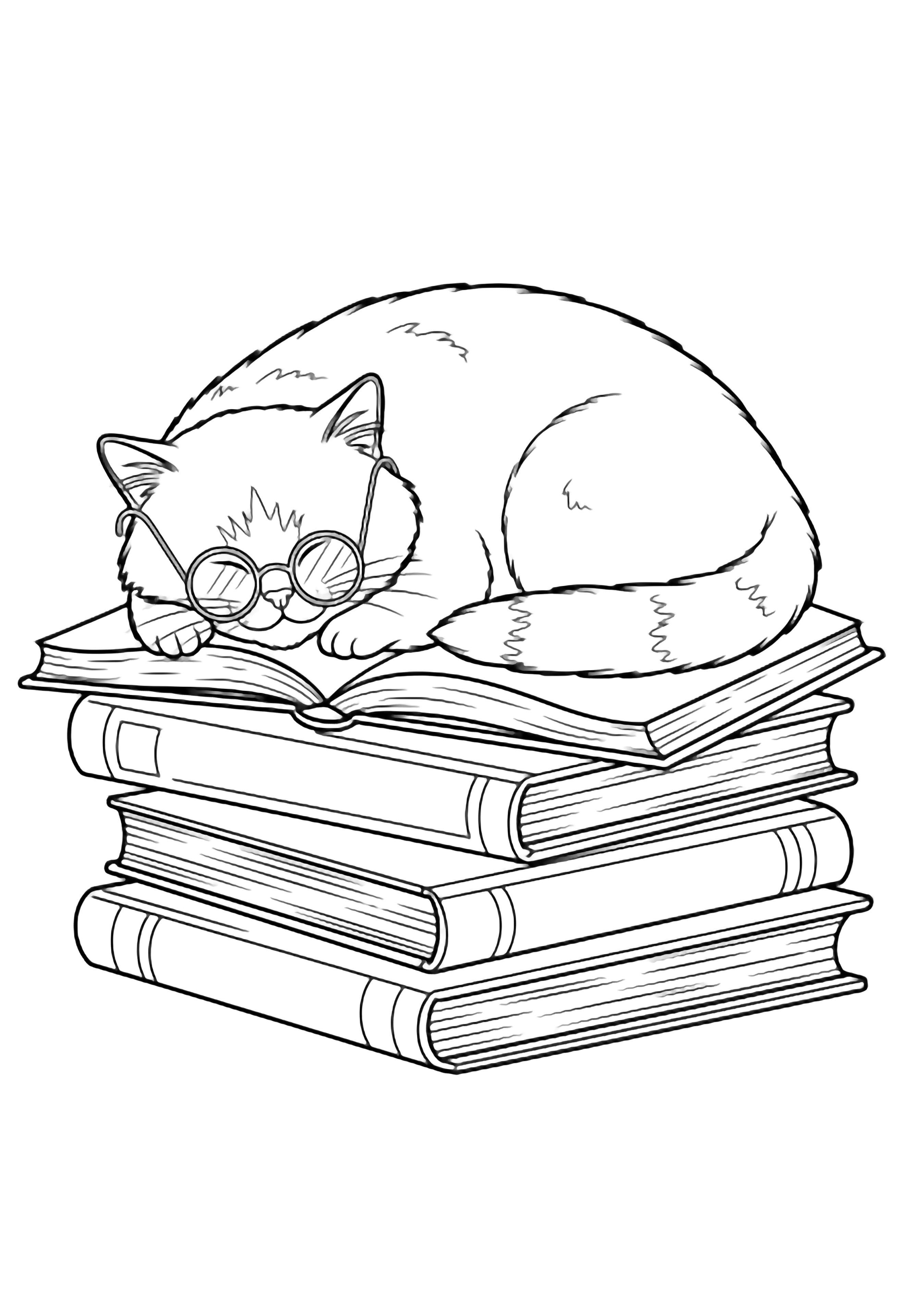 A plump cat wearing round spectacles naps on an open book, encircled by a tidy stack of three larger books. kleurplaat