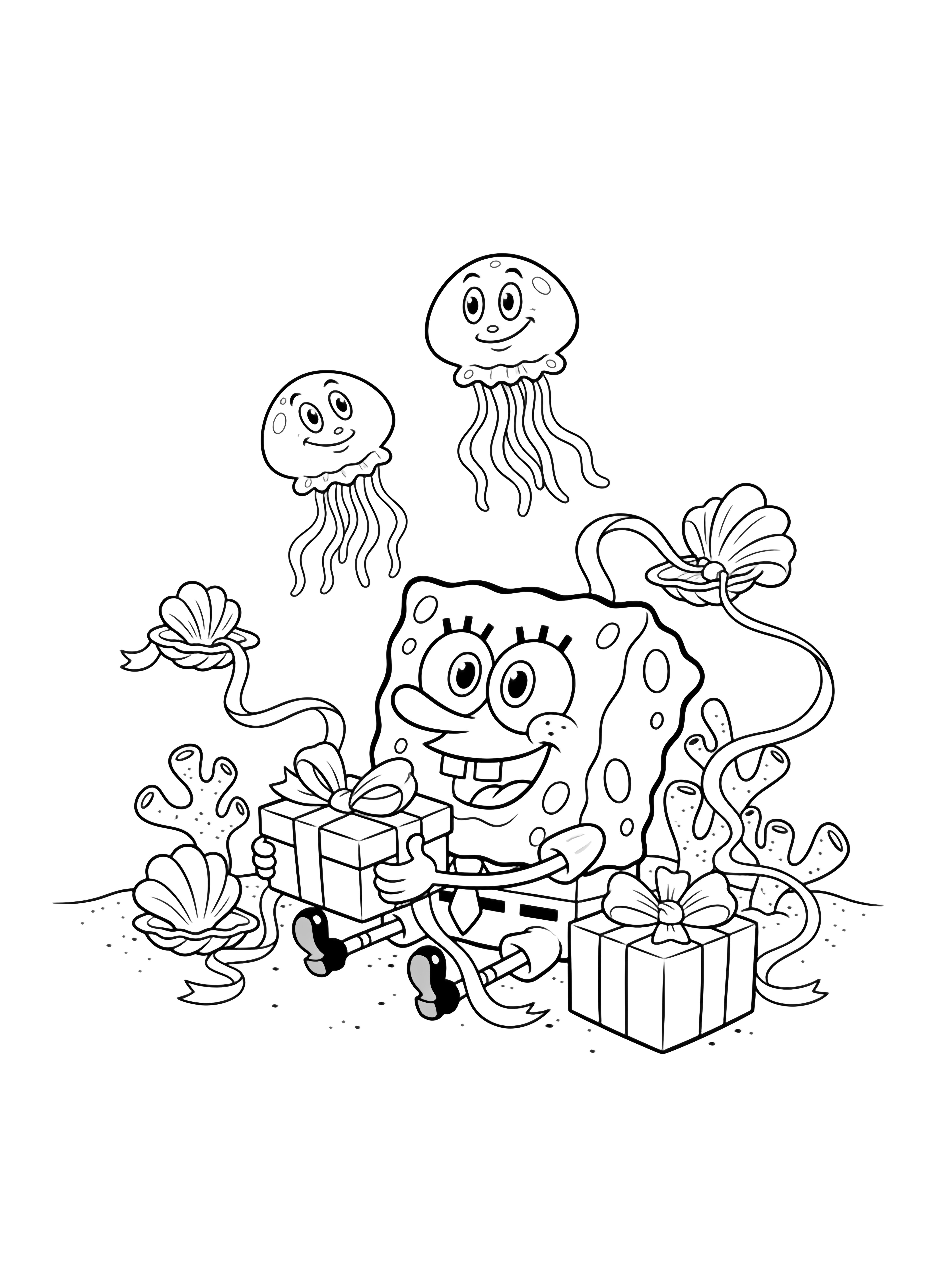 SpongeBob sits cross-legged wrapping square presents, wavy ribbon curling from shell-coral bows; two smiling jellyfish drift behind on a simple sandy floor. kleurplaat
