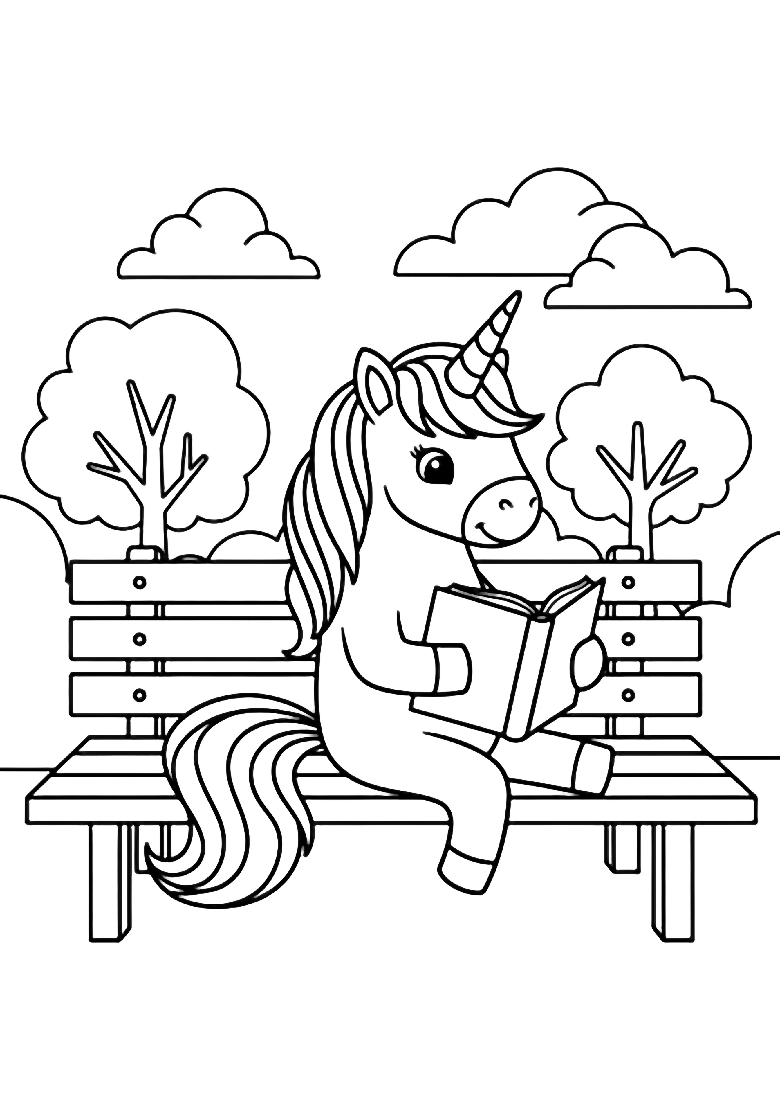 A smiling unicorn sits upright on a park bench, hooves holding an open book; simple trees and clouds behind. kleurplaat