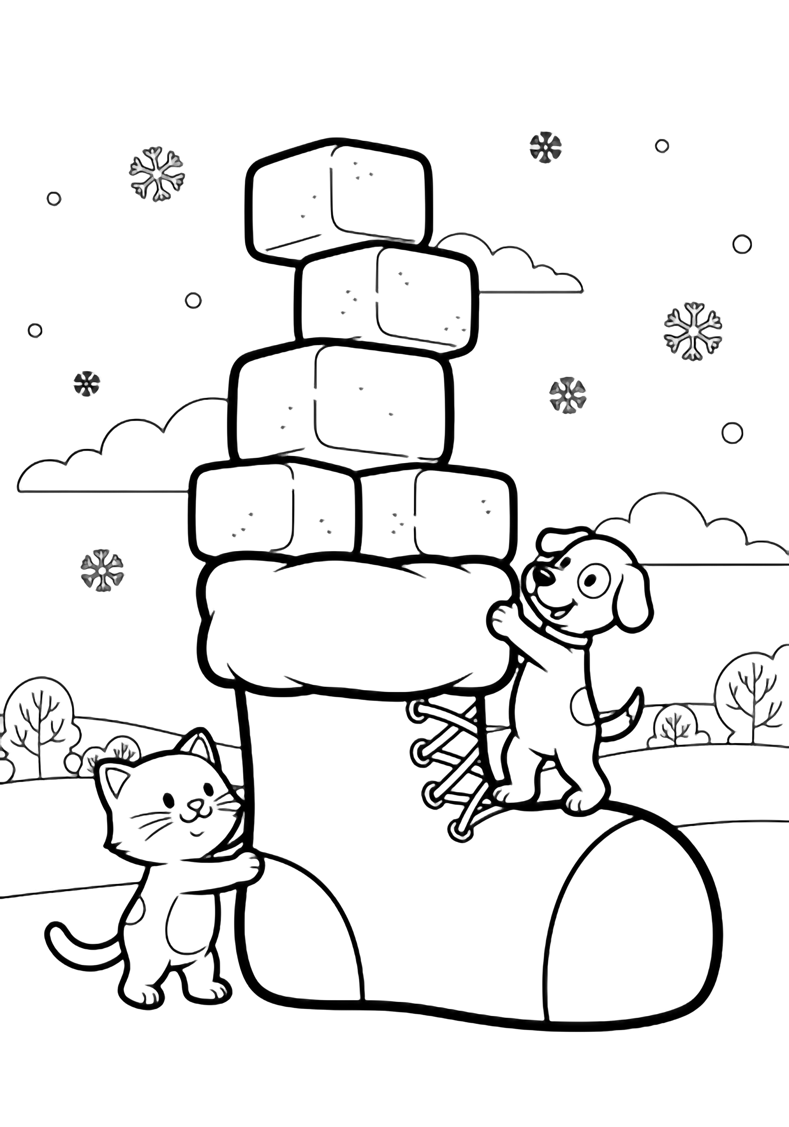 Muffin and Socks stack snow blocks into a giant stocking-boot; simple snowflakes drift above a low horizon with bare trees behind. kleurplaat