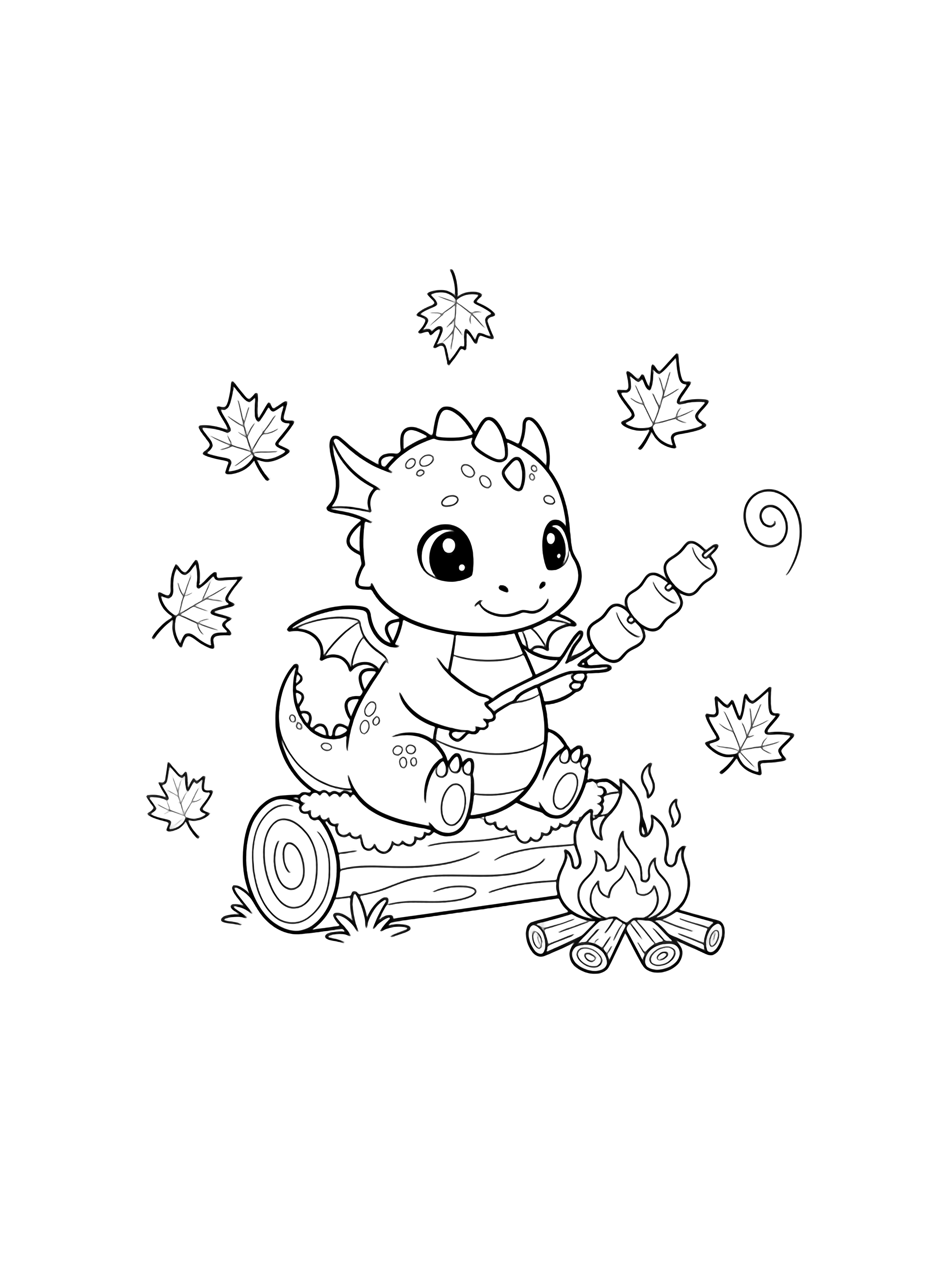 Kawaii baby dragon on a log, wings up, toasting three marshmallows over a tiny campfire; five swirling maple leaves drift around. kleurplaat