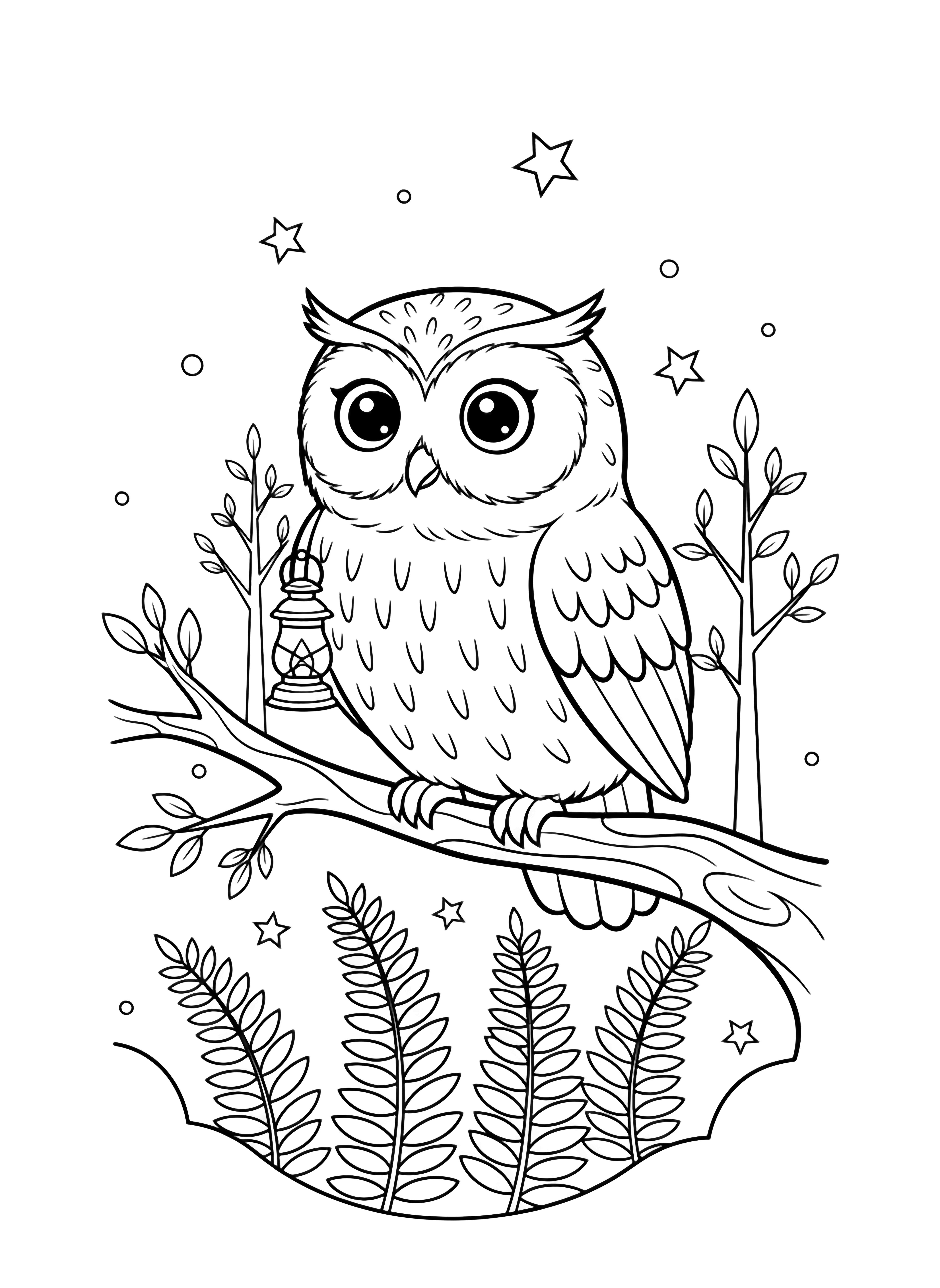 A plump owl grips a tiny lantern on a branch, surrounded by twiggy trees, fern fronds, and stars. kleurplaat