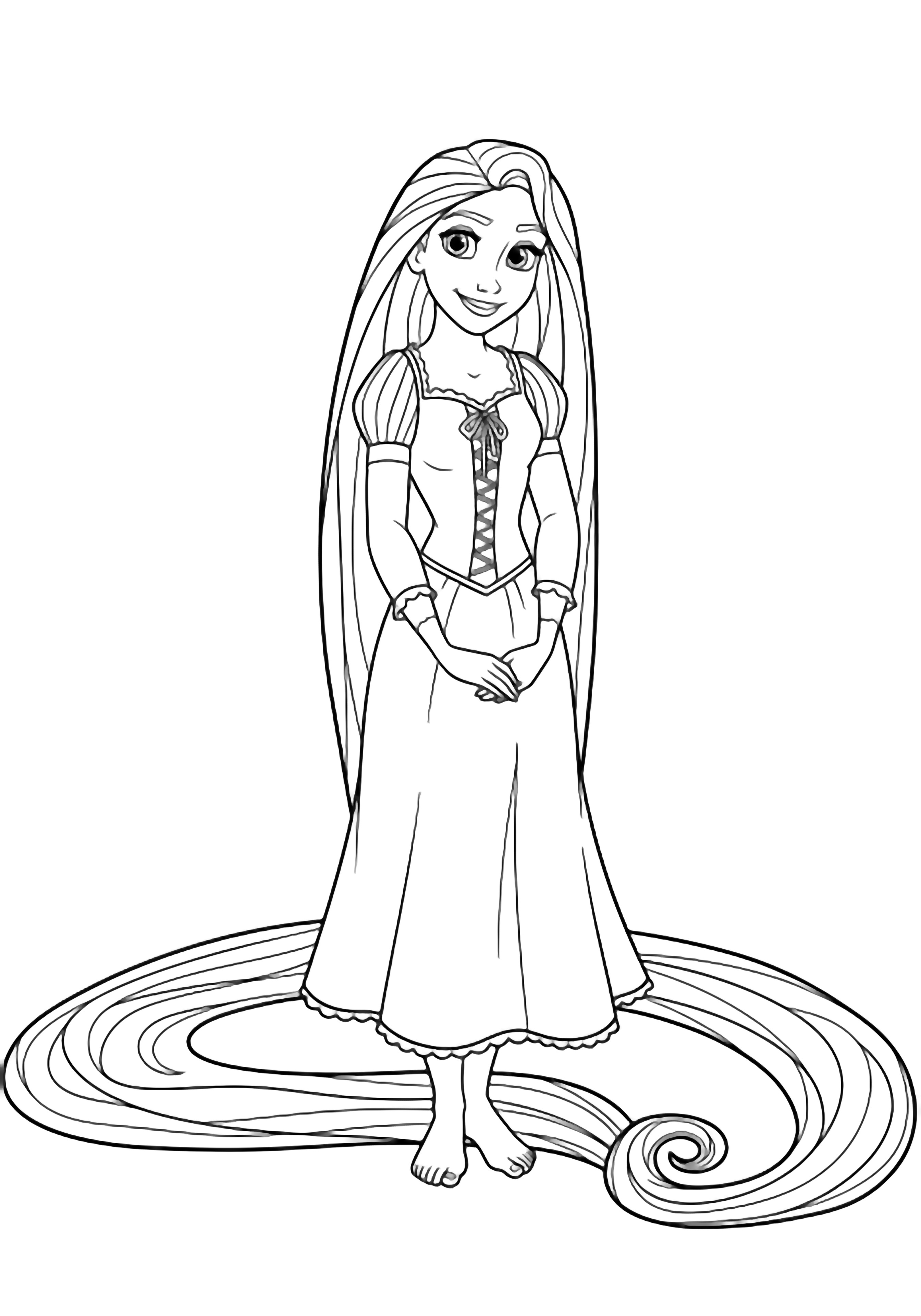Rapunzel stands smiling, her ankle-length hair spiraling around her bare feet and curling beside her toes. kleurplaat