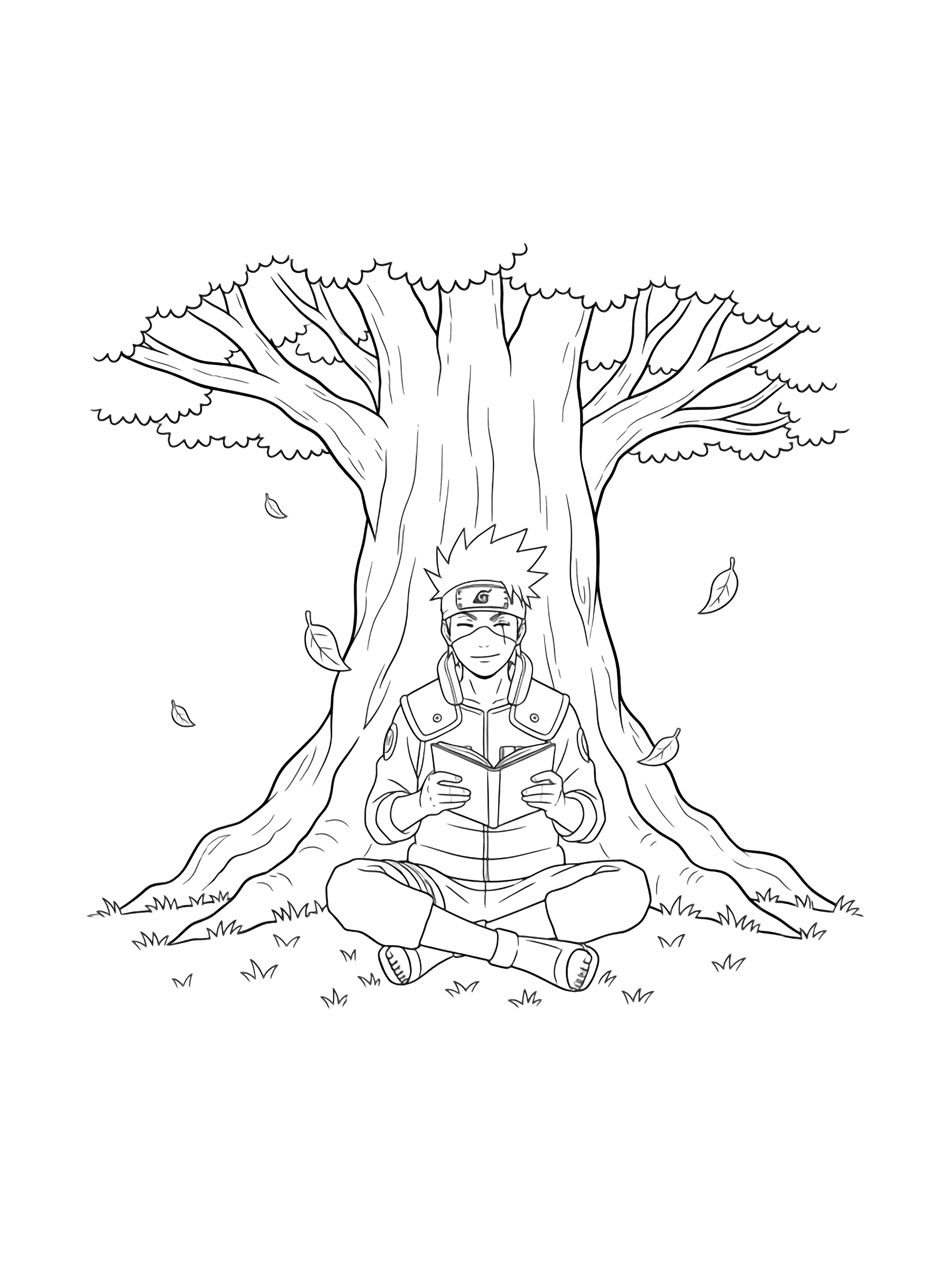 Kakashi sits cross-legged under a big tree, mask lifted to reveal a calm smile, reading an open book while leaves drift past the wide trunk and simple grass. kleurplaat