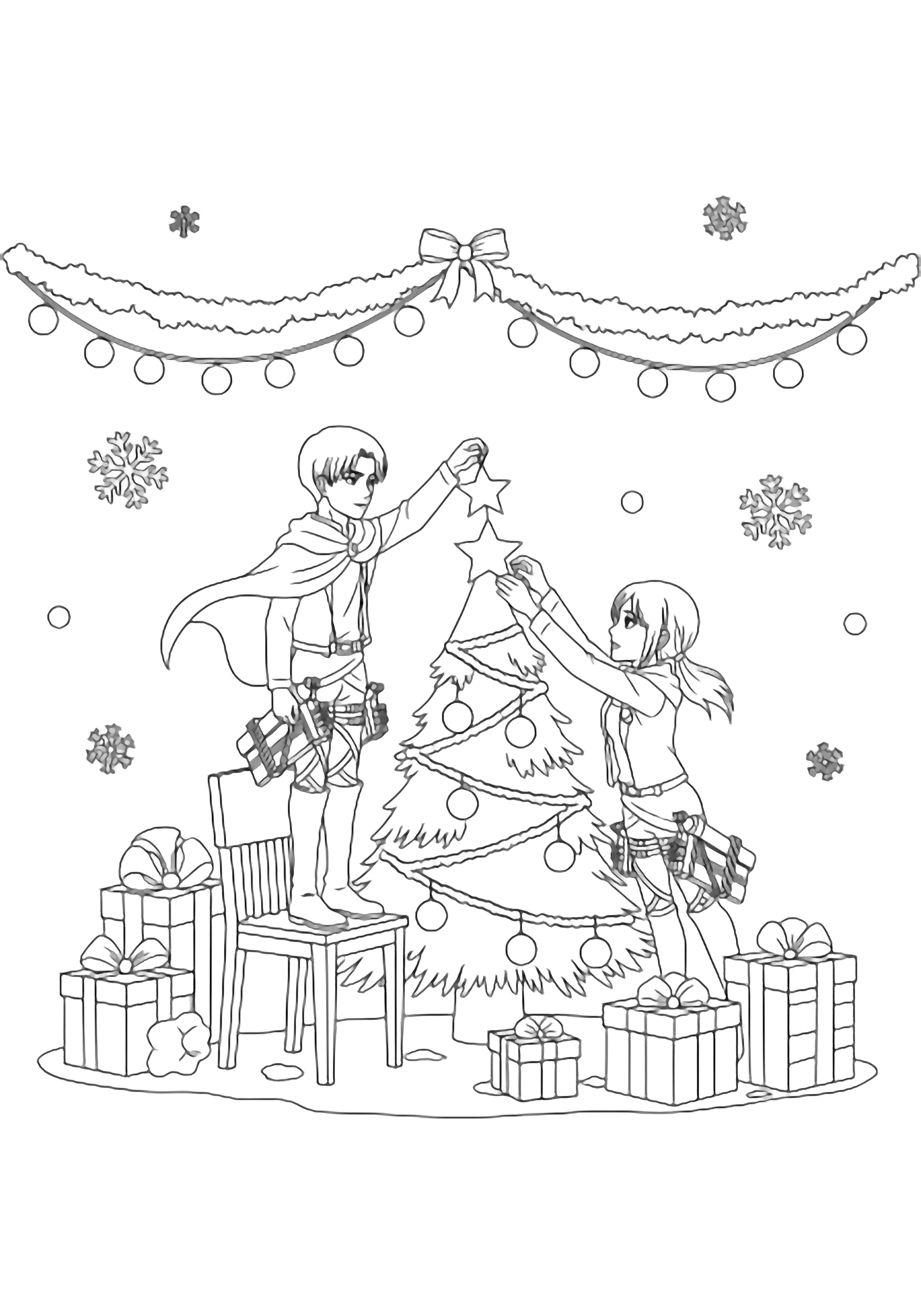 Levi stands on a chair, Hange reaches up; both hang star-shaped tiny titan ornaments on a small Christmas tree, surrounded by presents, garland, and simple snowflakes. kleurplaat