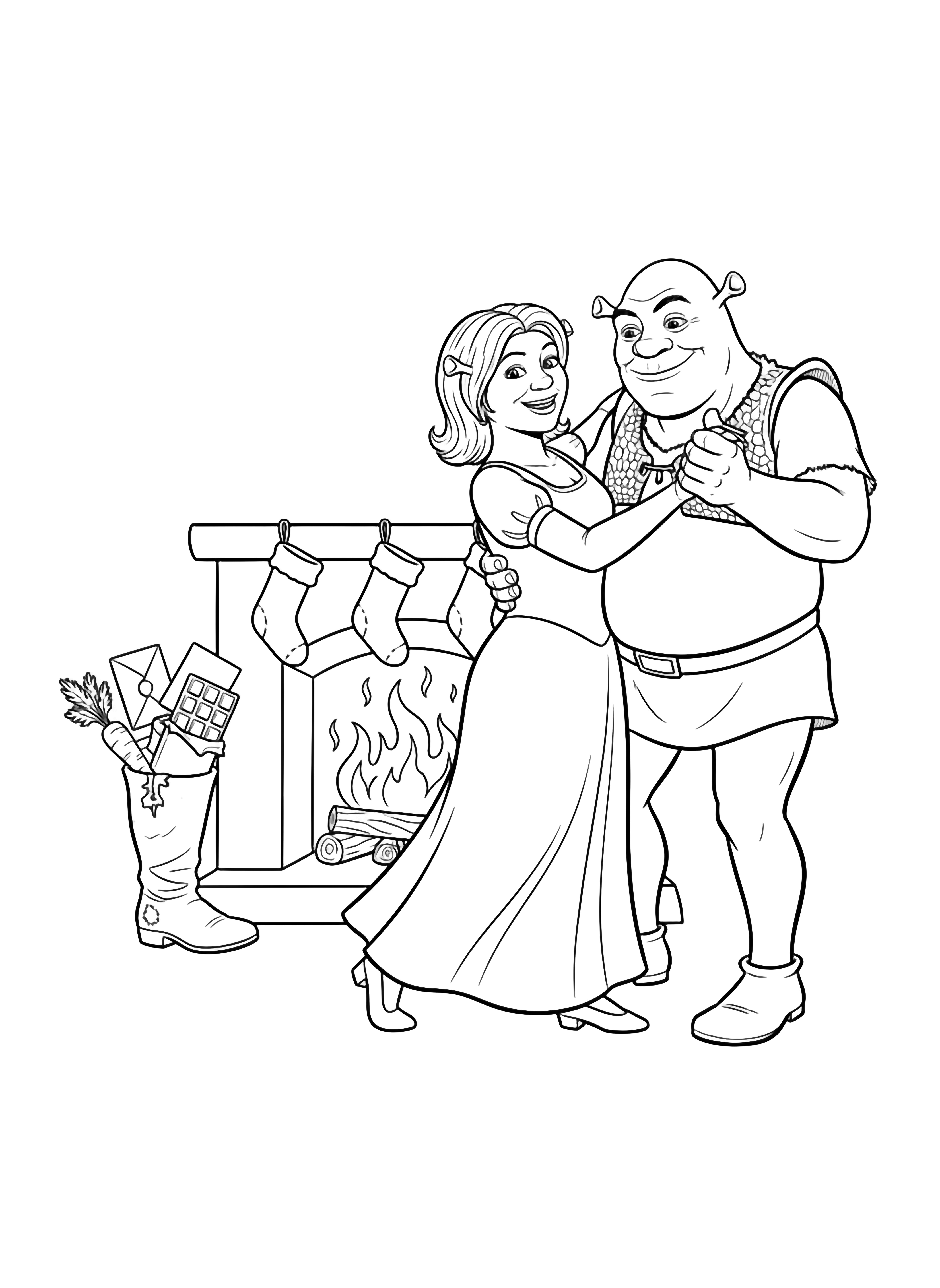 Fiona and Shrek waltz happily in front of a crackling fireplace; nearby, a tall boot overflows with envelopes, a chocolate bar, and a single carrot while simple stockings hang on a smooth mantel. kleurplaat