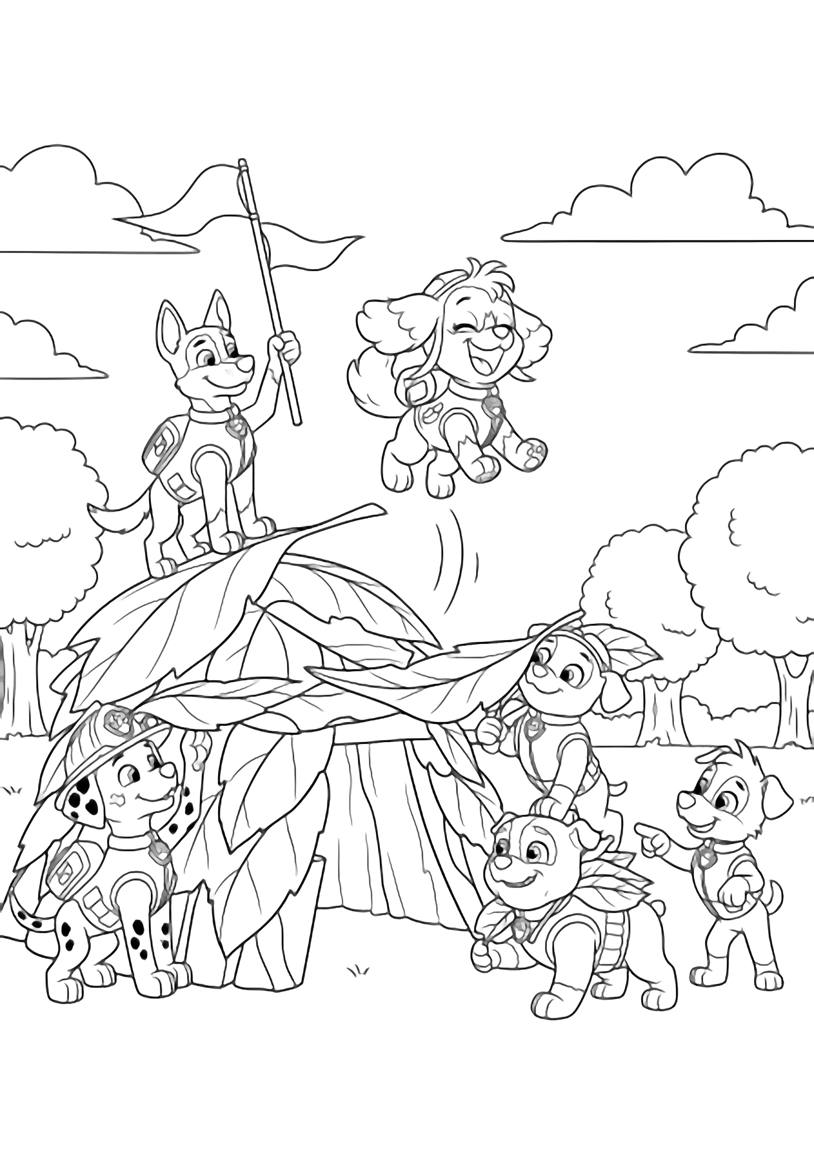 Chase, Marshall, Skye, Rubble and Rocky build a leafy fort; Chase waves a stick flag, Skye hovers laughing, Marshall steadies the roof, Rubble hauls leaves, Rocky directs, amid simple trees and clouds. kleurplaat