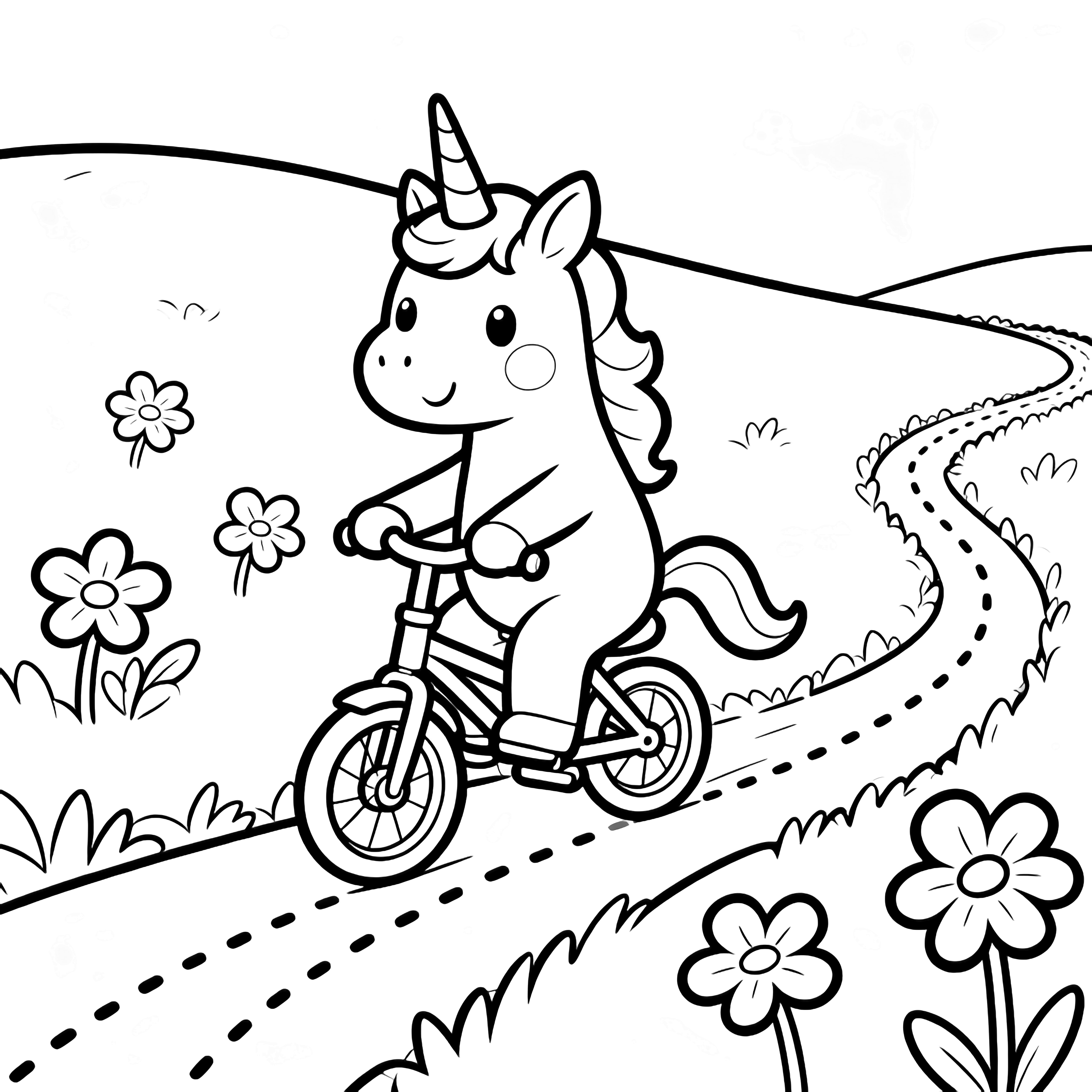 Een glimlachende eenhoorn rijdt op een klein fietsje langs een stippellijn door open bloemen met vijf bloembladen, met een glooiende heuvel die het tafereel omlijst. kleurplaat