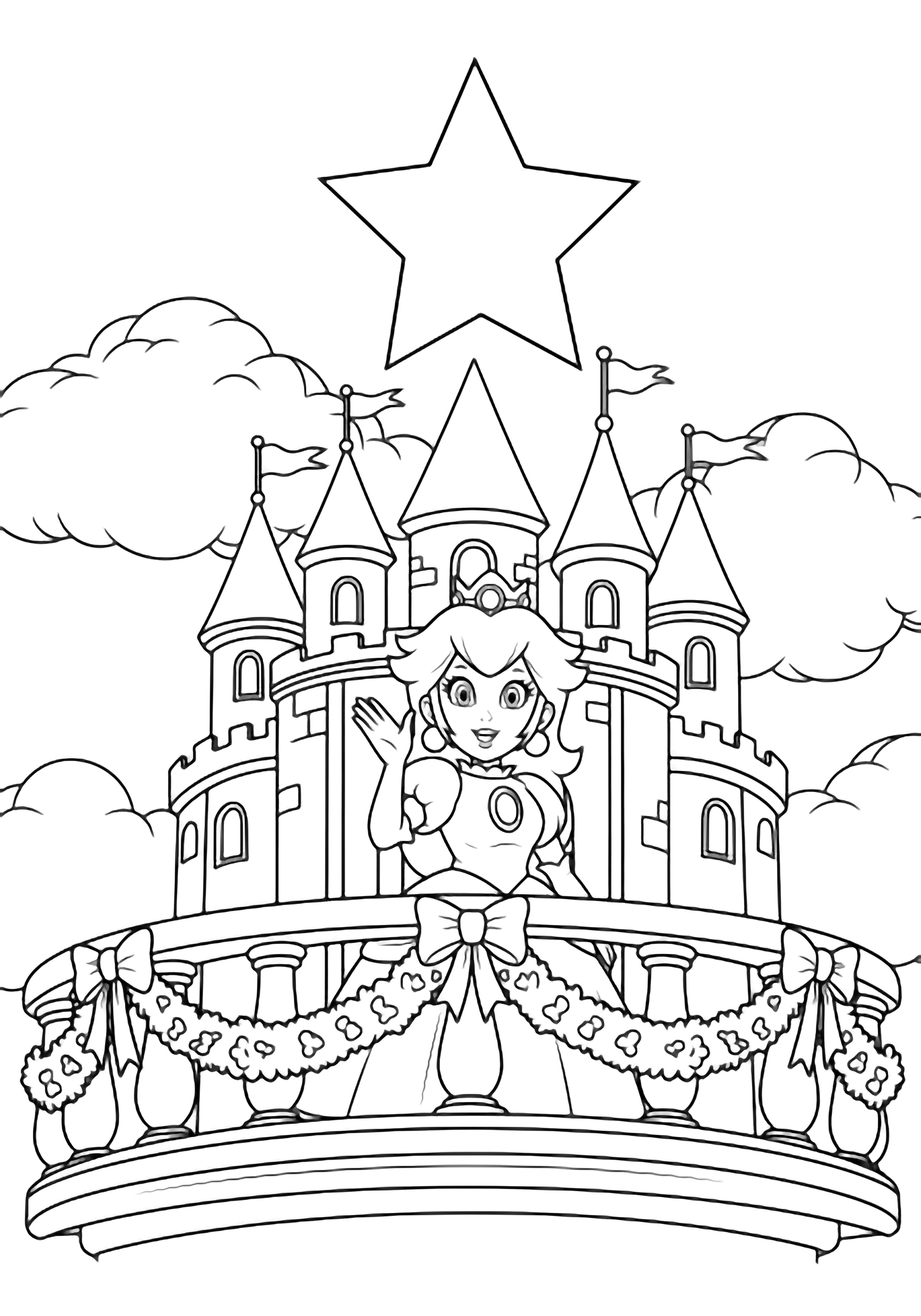illustration on a Princess Peach waves from a castle balcony; garlands with bows frame her a huge star outline hovers above turrets and clouds behind all in bold open lines for clean black kleurplaat