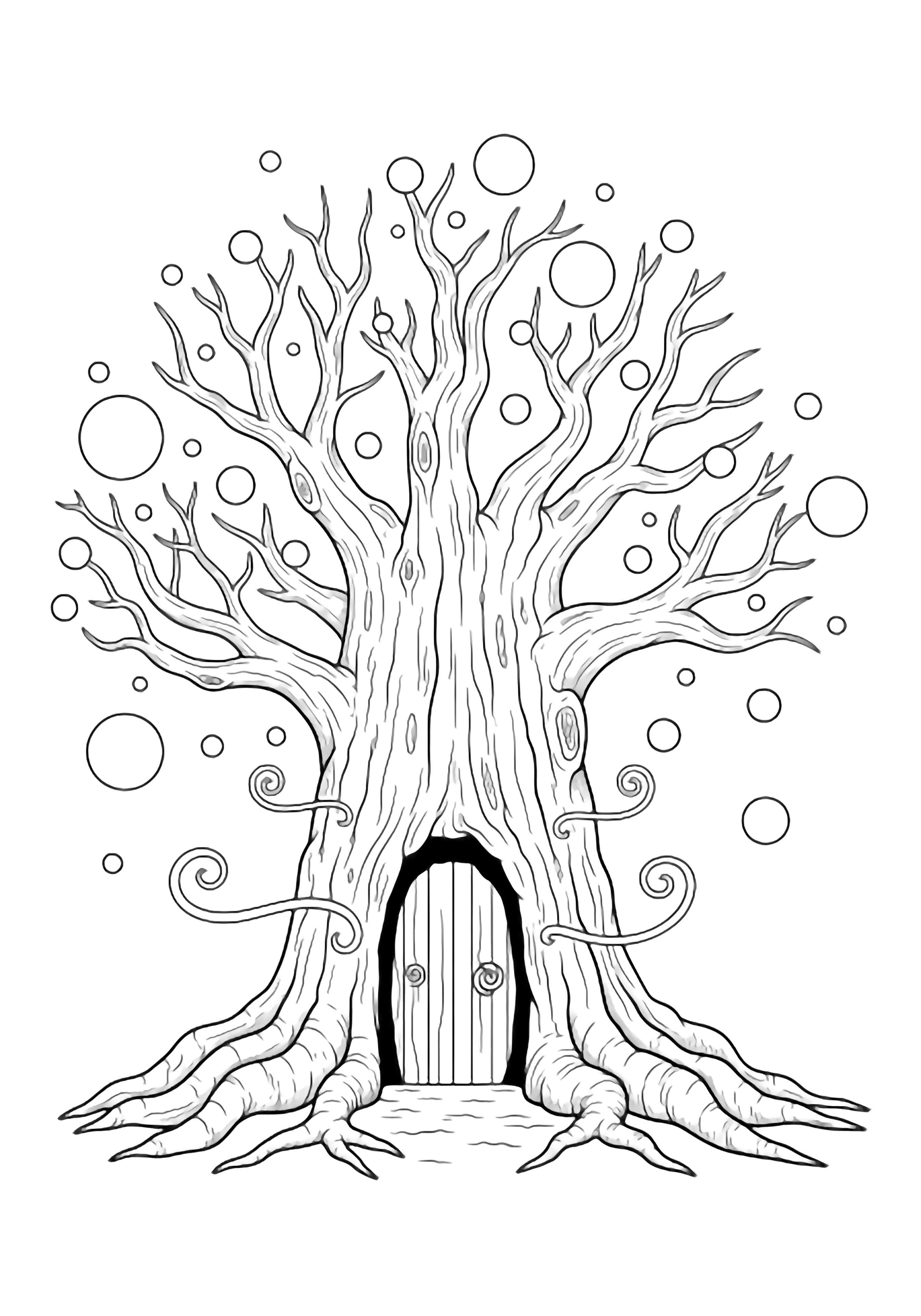 A giant gnarled tree with a hollow doorway, surrounded by floating empty circles like fireflies, its twisty branches and roots wrapped in simple swirling magic lines. kleurplaat