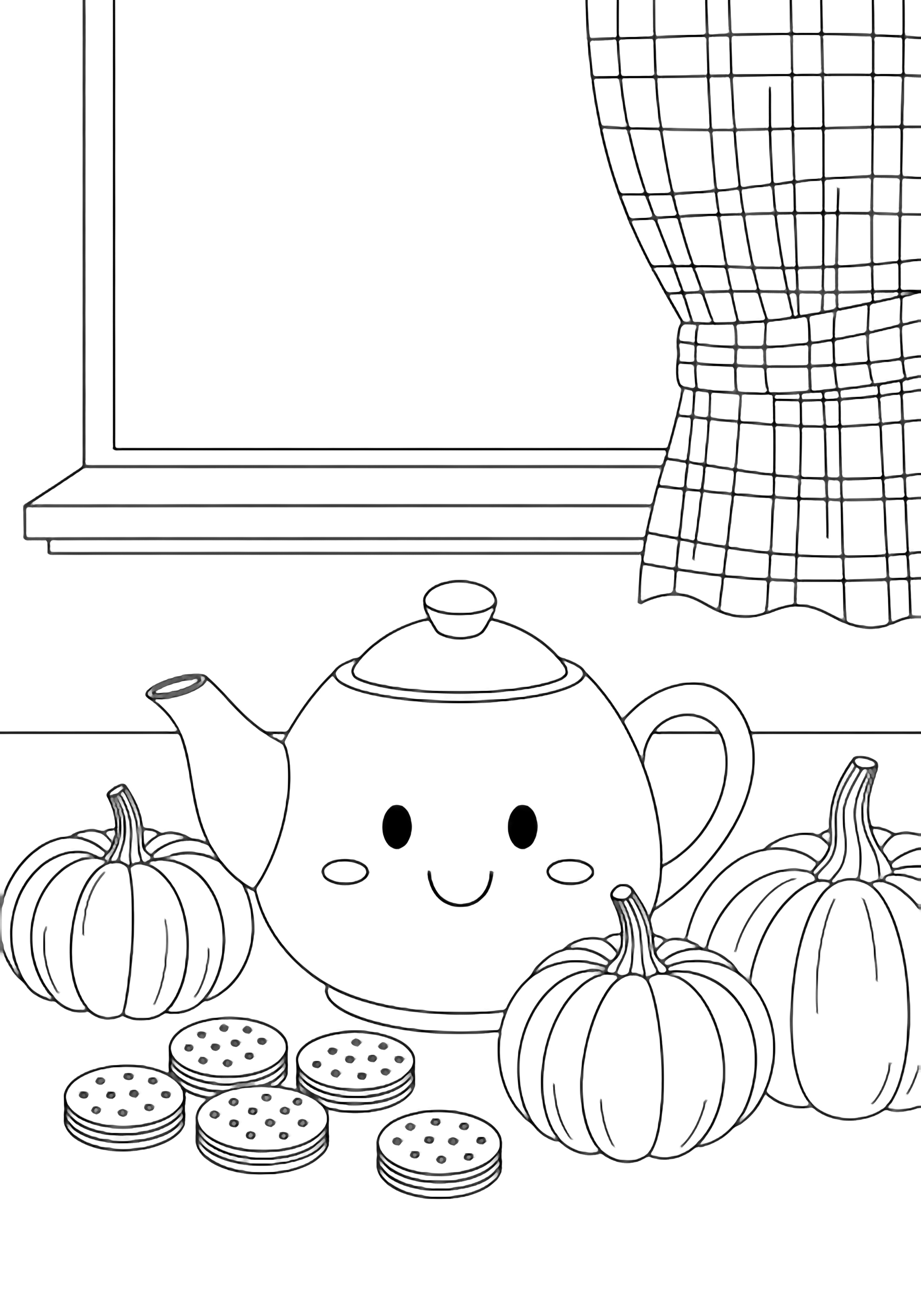Smiling teapot on kitchen table with five cookies and three pumpkins, checked curtain and blank windowsill behind kleurplaat